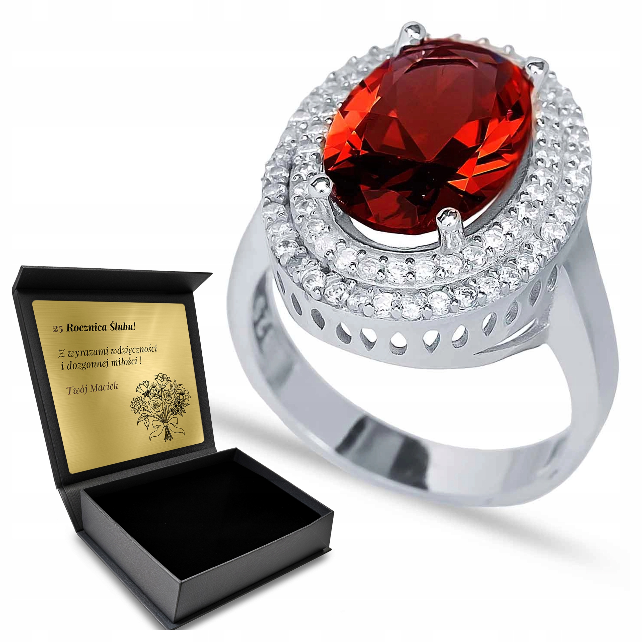 Prstýnek 925 S Granátovými Zirkony, Šperky Pro Ženu Gravírování