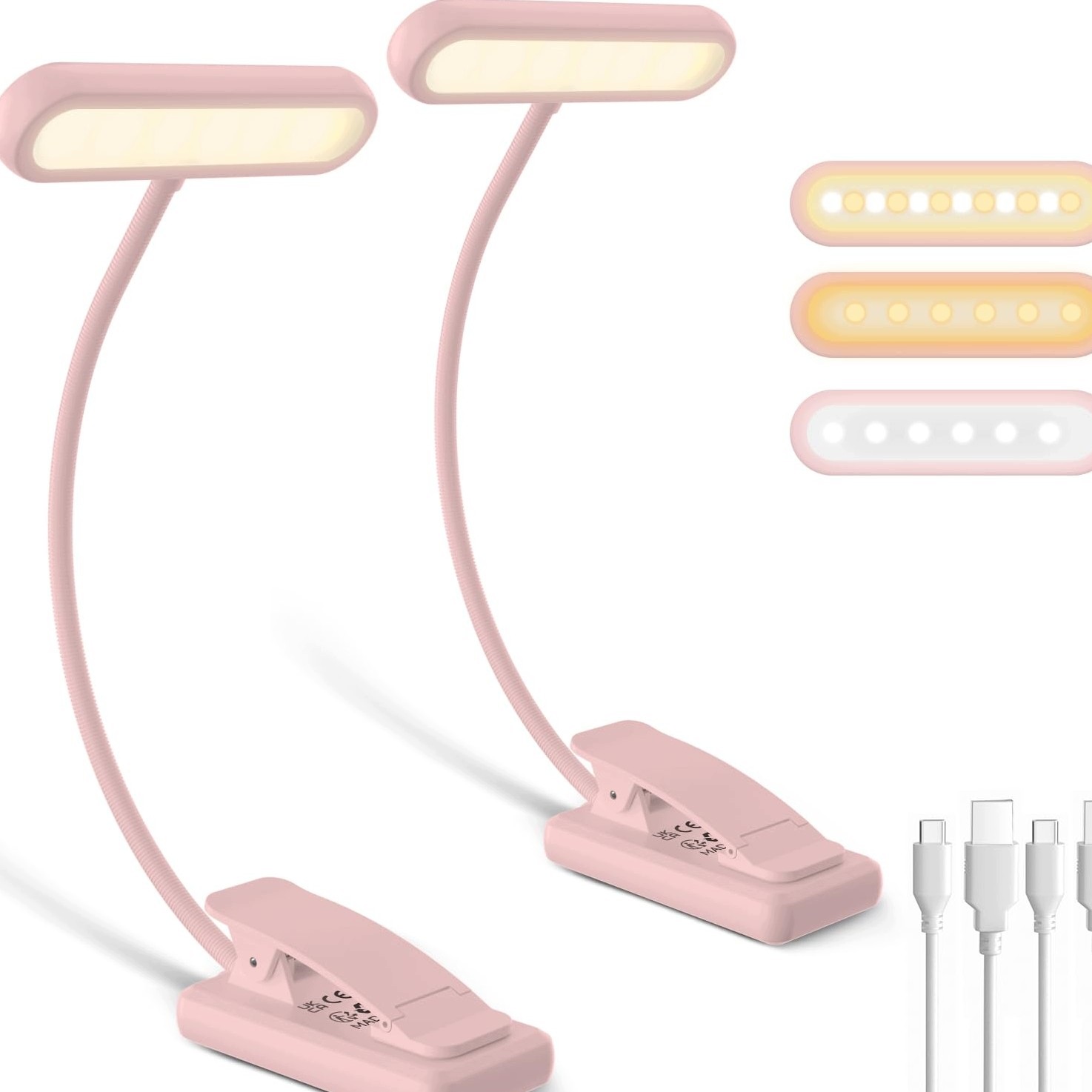 Lampička Na Čtení 2 Ks Led Klip Usb-c 3 Barvy 5 Jasů Růžová