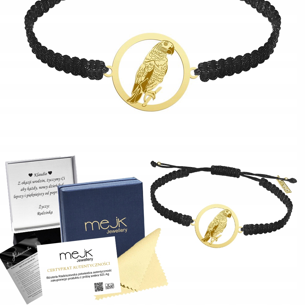 Zlatý náramek s papouškem Žako 925 Makramé Dárek Šperky Gravírování Bonus