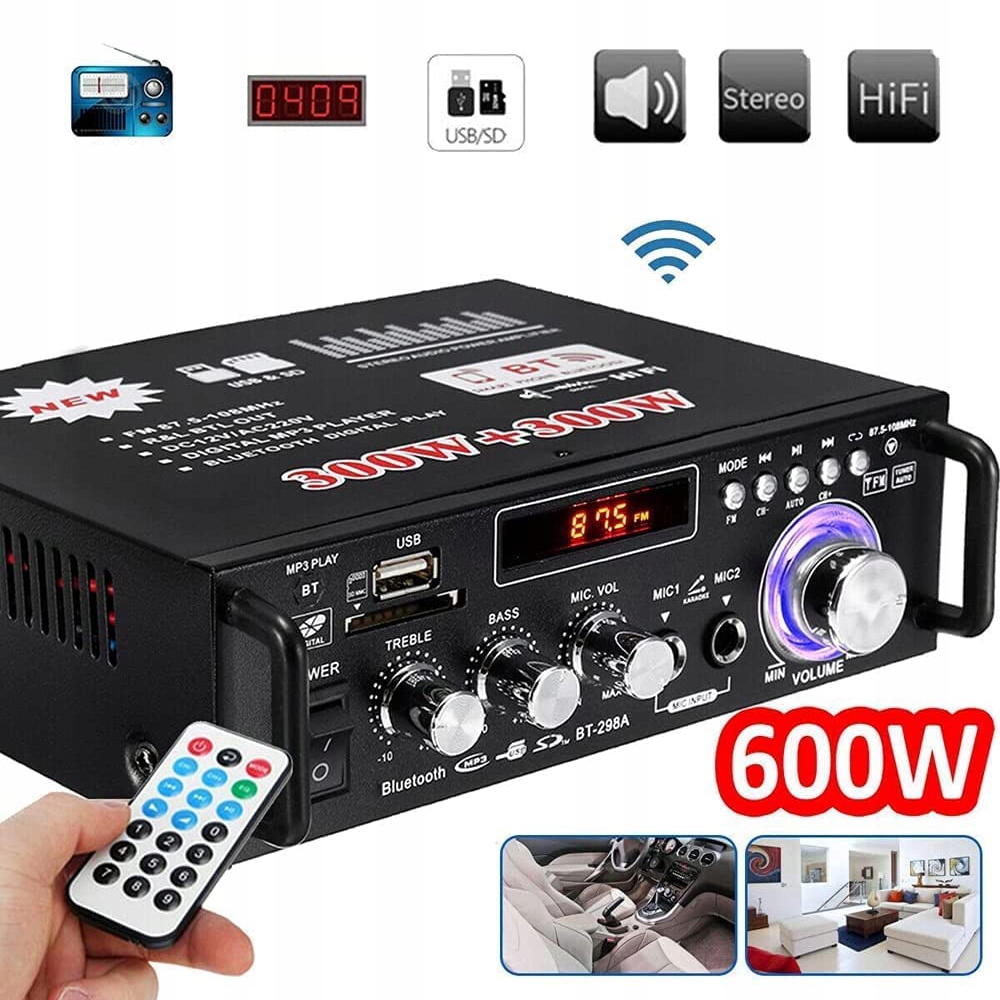 600W AMPLITUNER WZMACNIACZ STEREO BLUETOOTH RADIO BT-298A Waga produktu z opakowaniem jednostkowym 1 kg