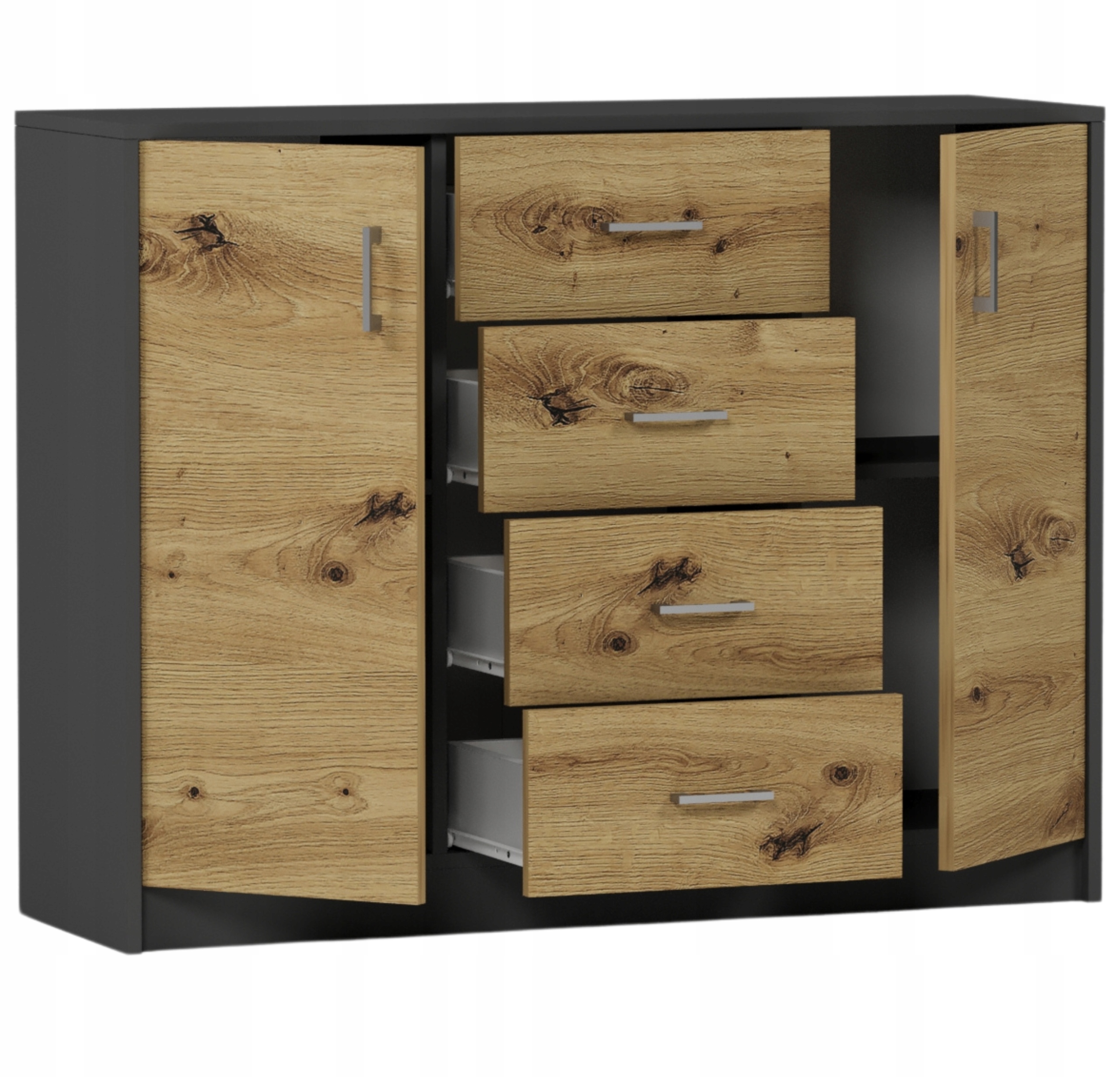 KOMODA 110CM SZAFKA 4 SZUFLADY 2 PÓŁKI U-1 ANTRACYT MIX ARTISAN
