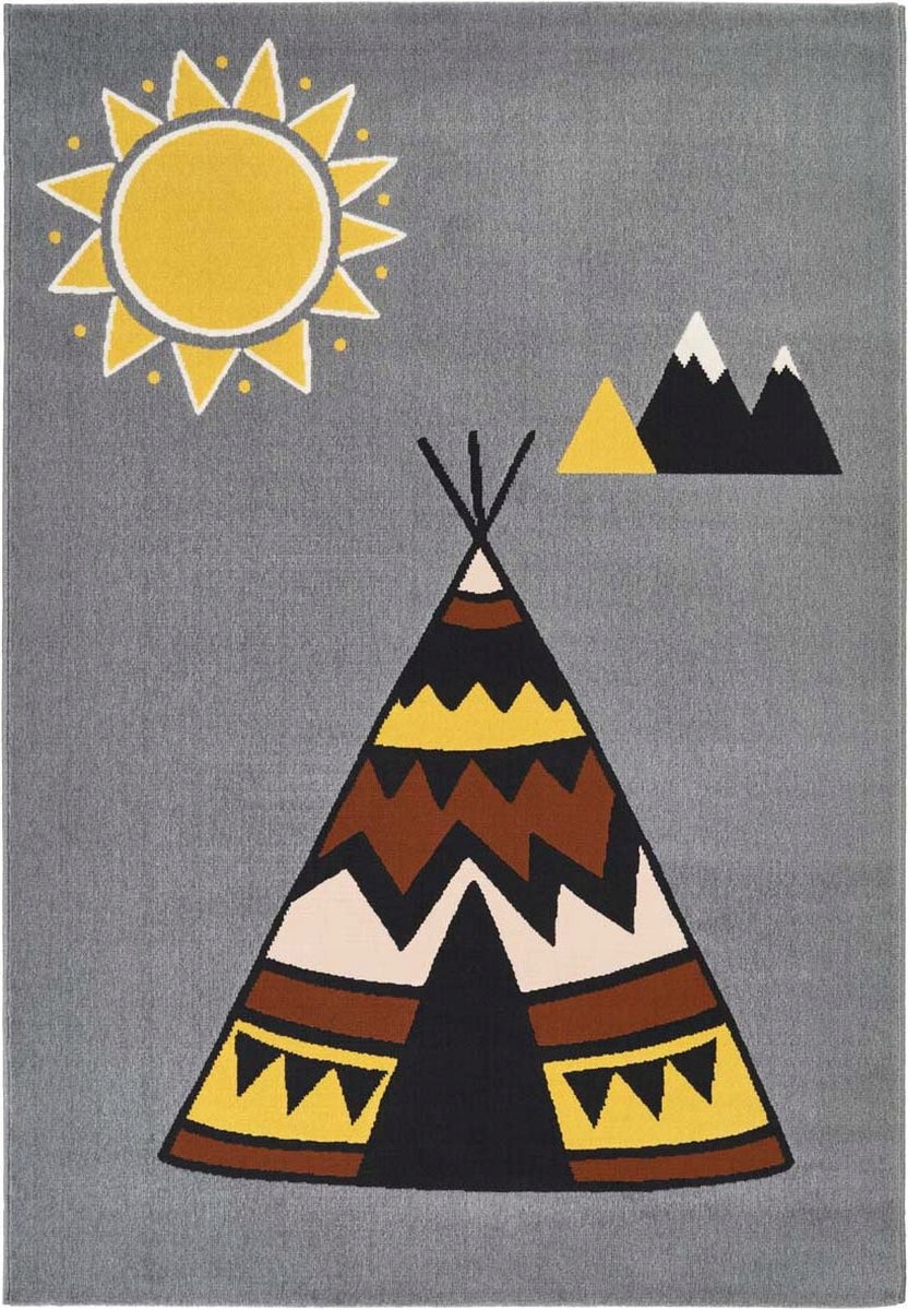 Mäkký šedý detský koberec, vzor – indiánsky stan 120 x 170 cm