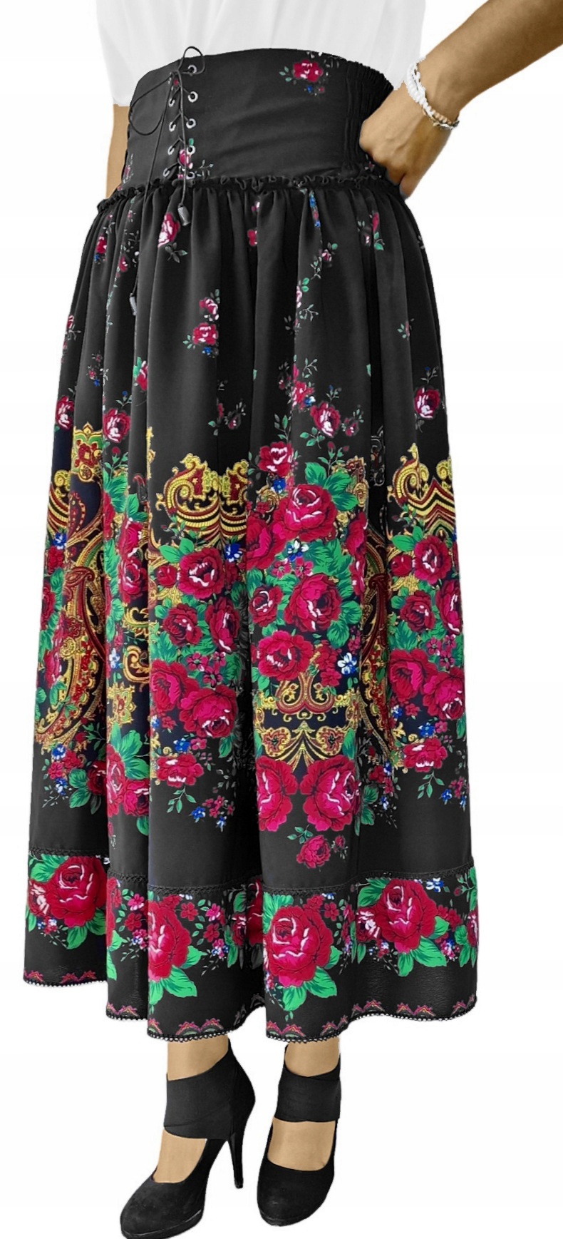 Folková Sukně Dlouhá černá s květy Lidová * XL