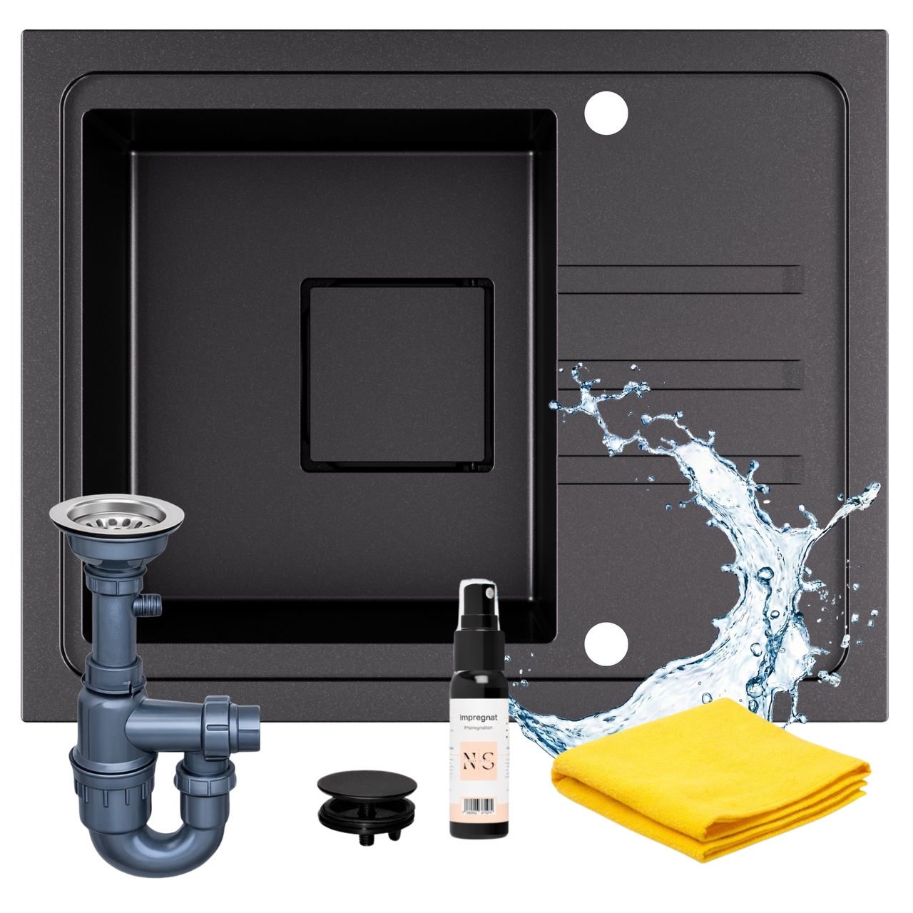 Granitový dřez 55 cm skrytý odtok dřez, jednokomorový sifon