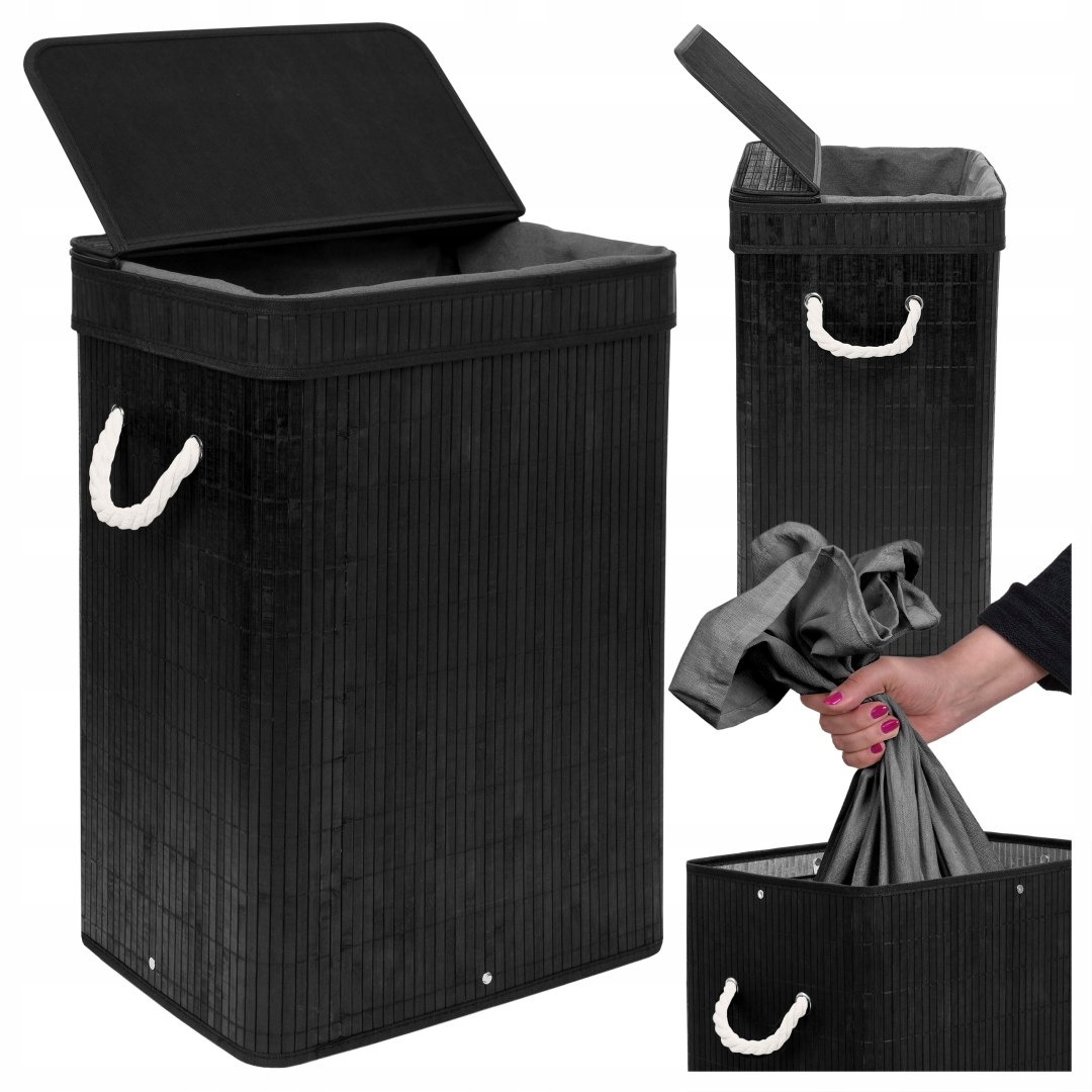 Bambusový koš na prádlo s víkem Soren 80L černý