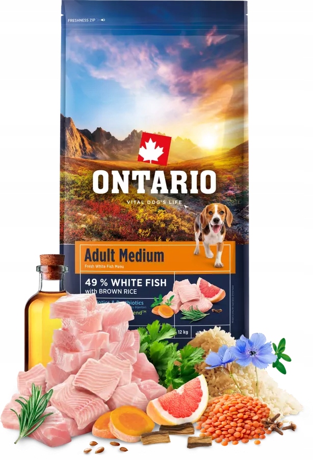 Ontario Adult Medium Fish & Brown Rice Sucha Karma Dla Psów Średnich 12kg