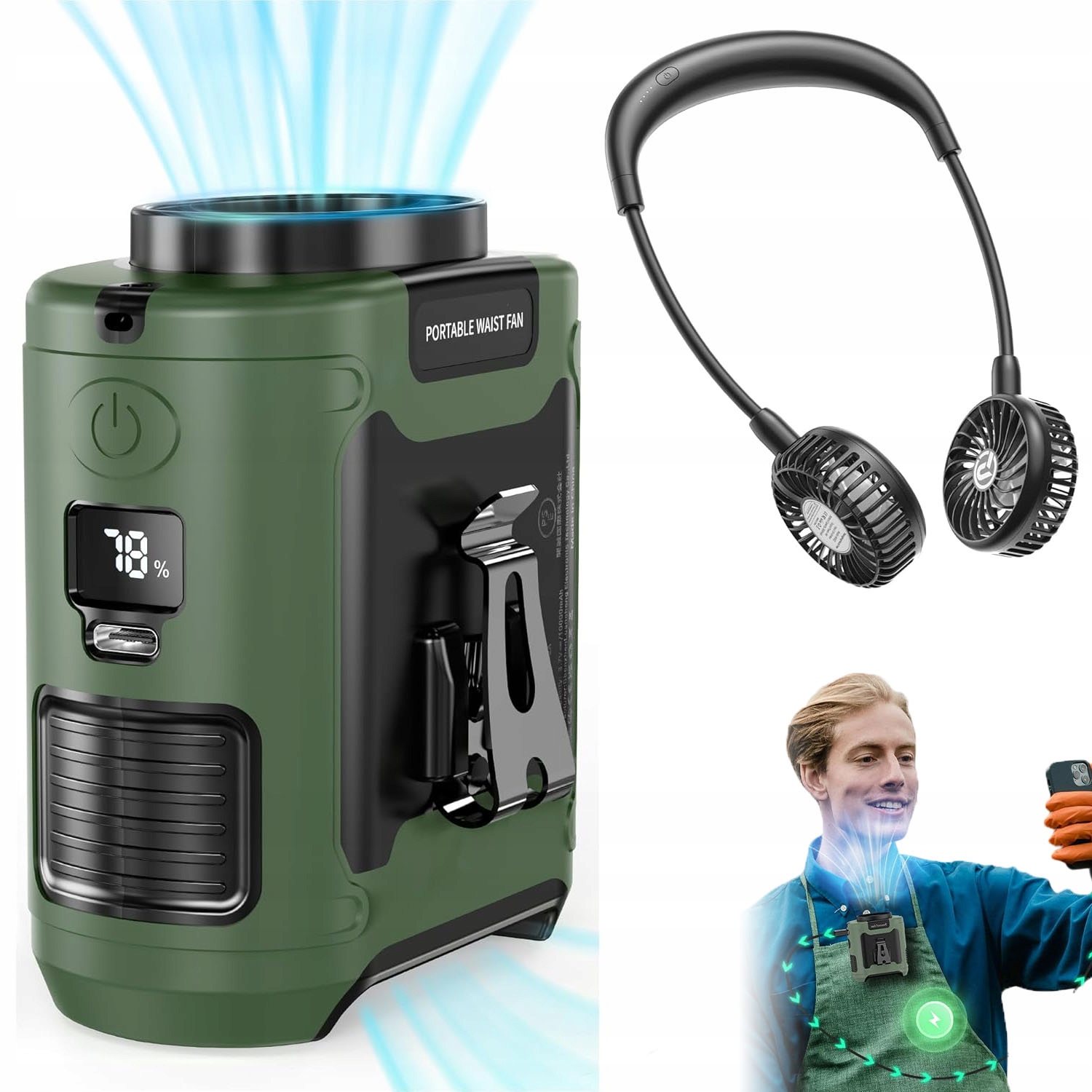 Přenosný Ventilátor Na Opasek S Klipem Na Opasku, 5 Rychlostí Se Svítilnou