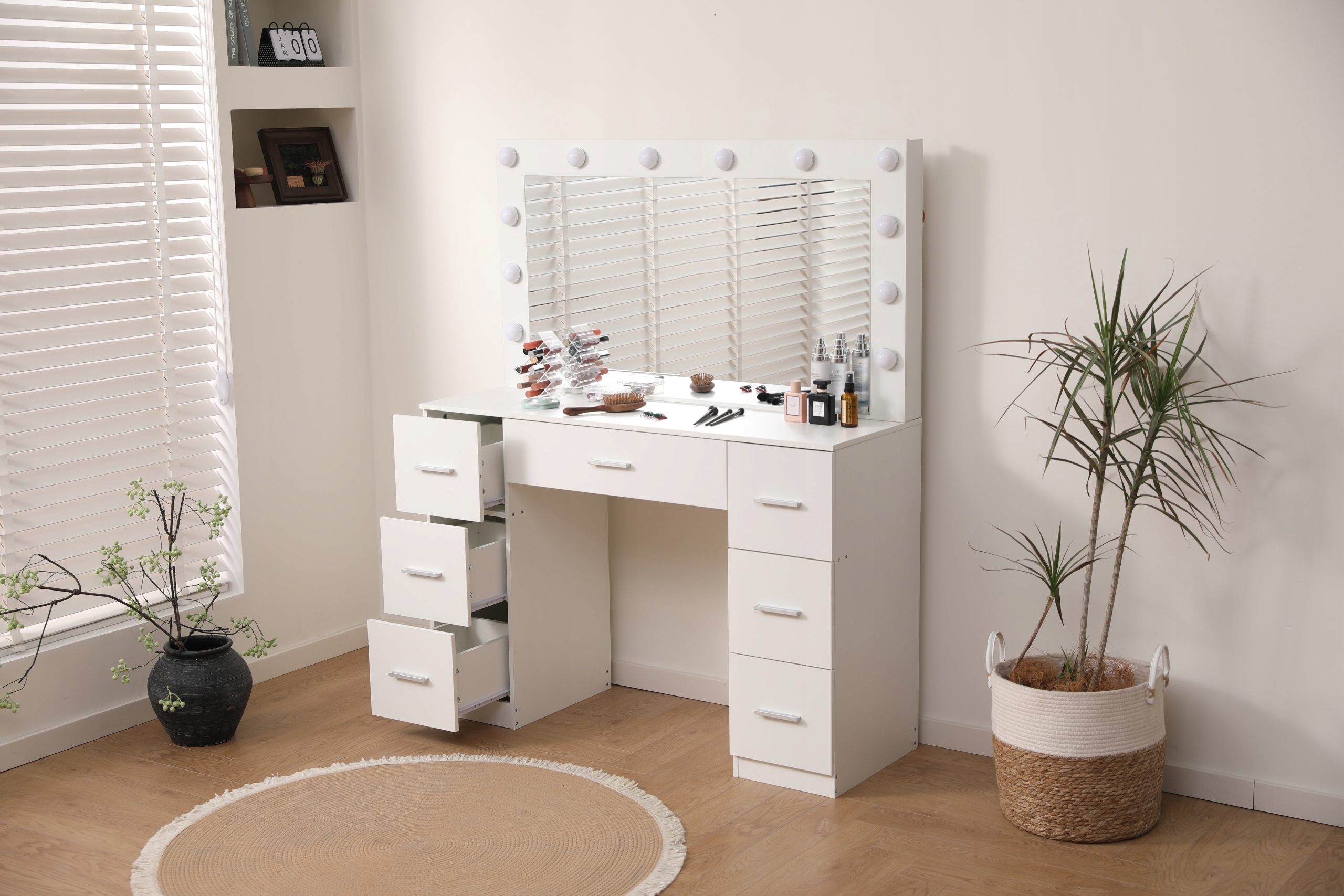 Toaletka Lustrzana DT10 Led 3 Barwy Światła Duże Lustro 7 Szuflad Biała