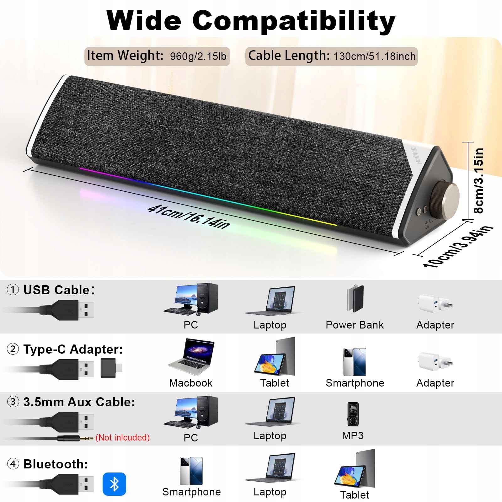 SOULION R60 Głośniki PC USB Bluetooth Soundbar LED Do Laptopa Gamingu — miniatura 6