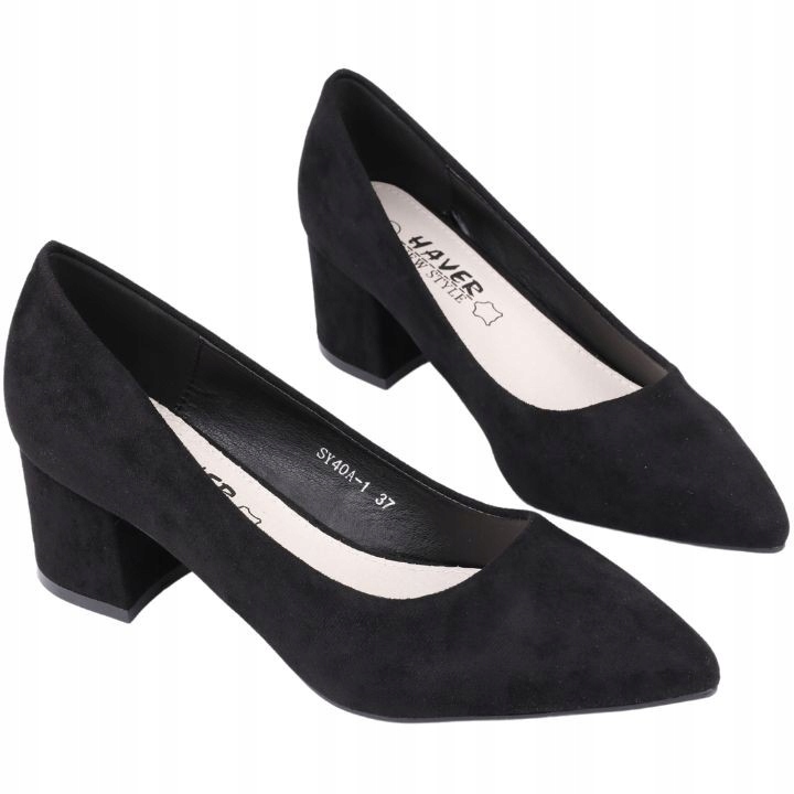 CZARNE CZÓŁENKA DAMSKIE ZAMSZOWE NA SŁUPKU BUTY ELEGANCKIE WKŁ.EKOSKÓRA Rozmiar 39