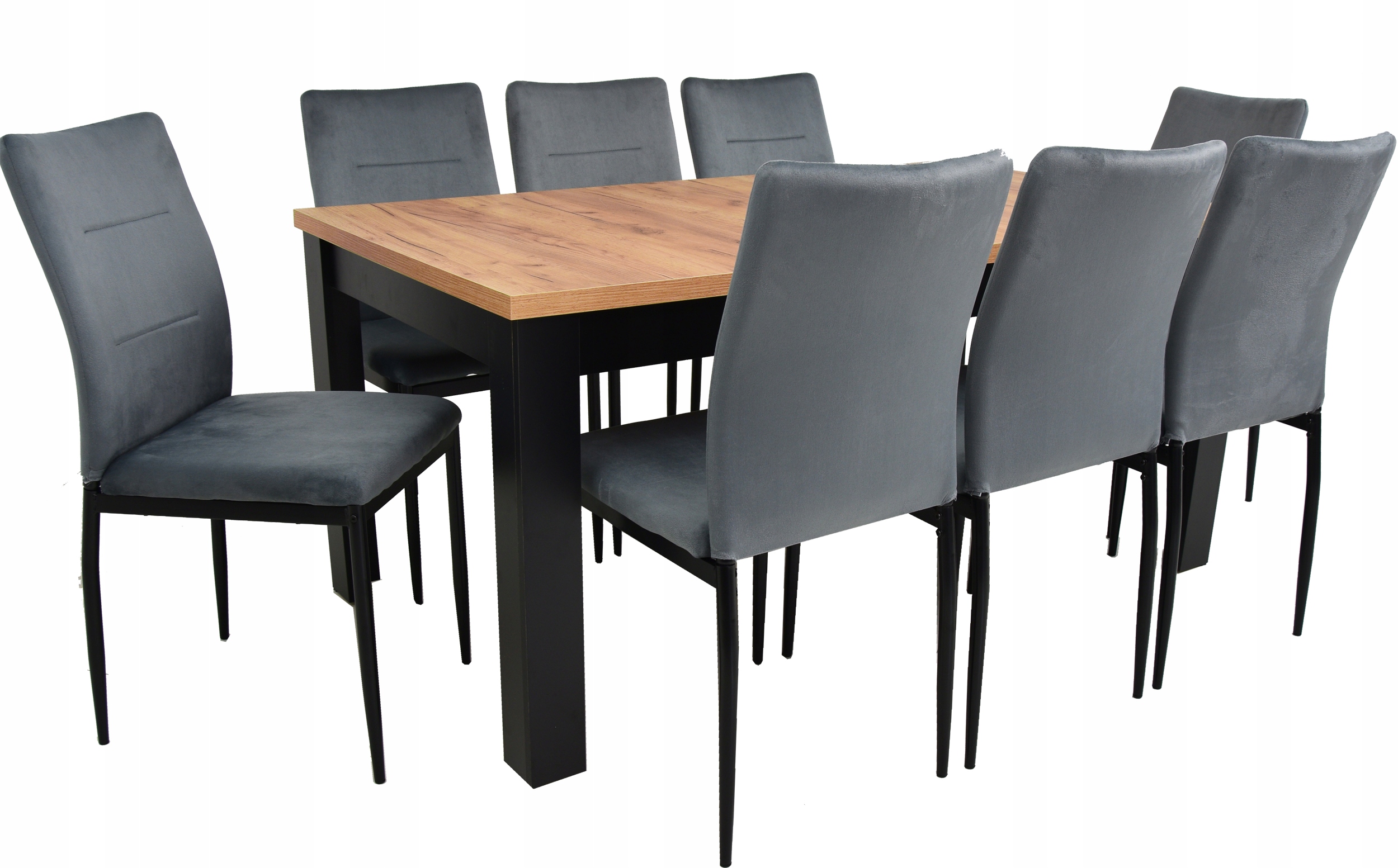 Duży zestaw Rozkładany stół 90x160/200 blat DĄB CRAFT i 8 krzeseł w WELURZE