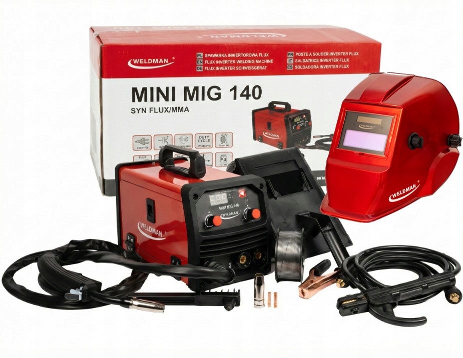 Poloautomatická svařovací stroj Mini Mig 140 Synergia Flux přilba Weldman