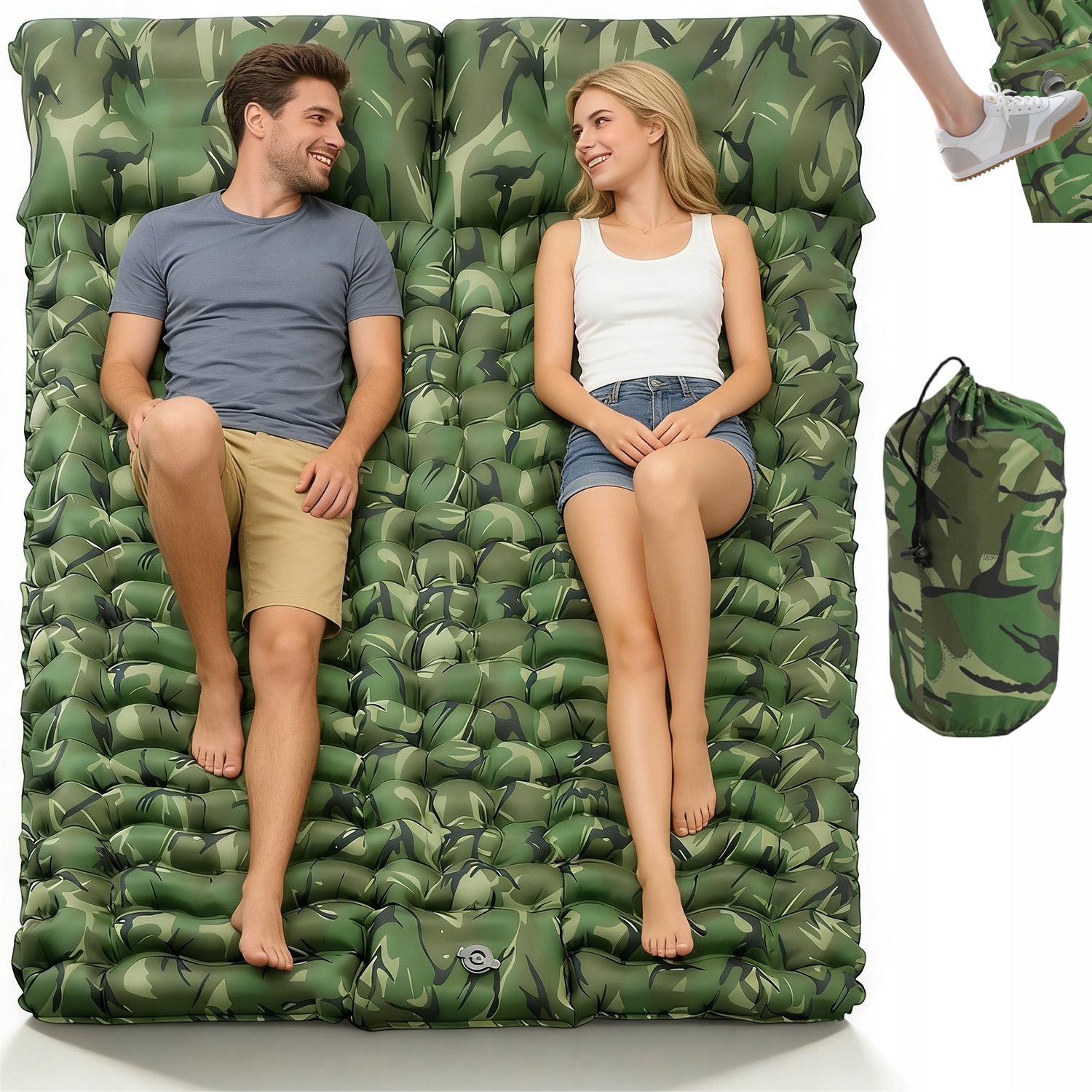 Matrace Dvoulůžková Turistická Skládací Nafukovací Podložka S Polštářem 200 X 133 CM