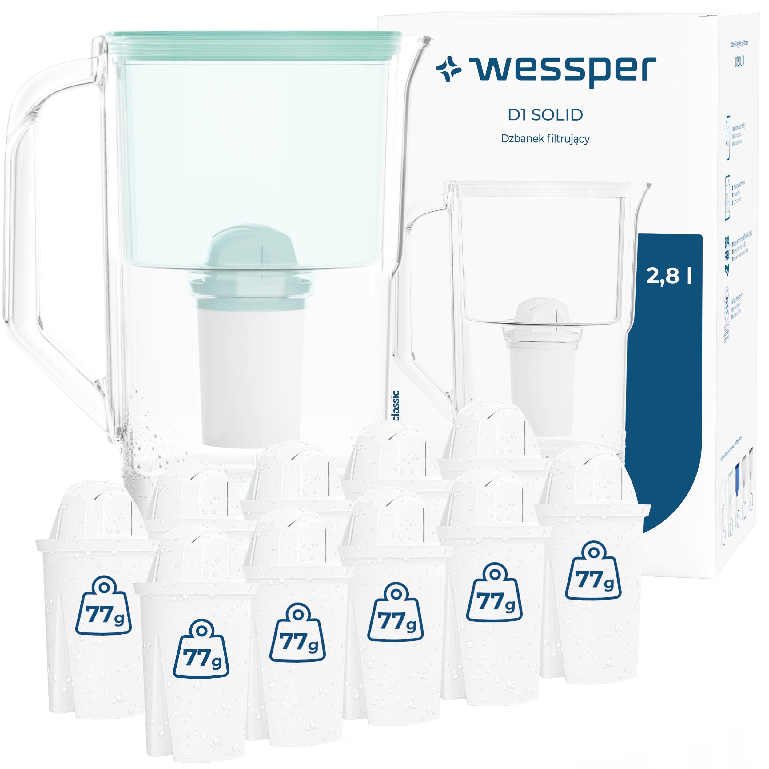 Plastový filtrační džbán Wessper D1 Solid 2,8 l mátový 11 ks náplní