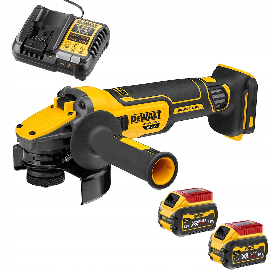 Akumulátorová uhlová brúska DeWALT DCG409N napájací set DCB1104T2