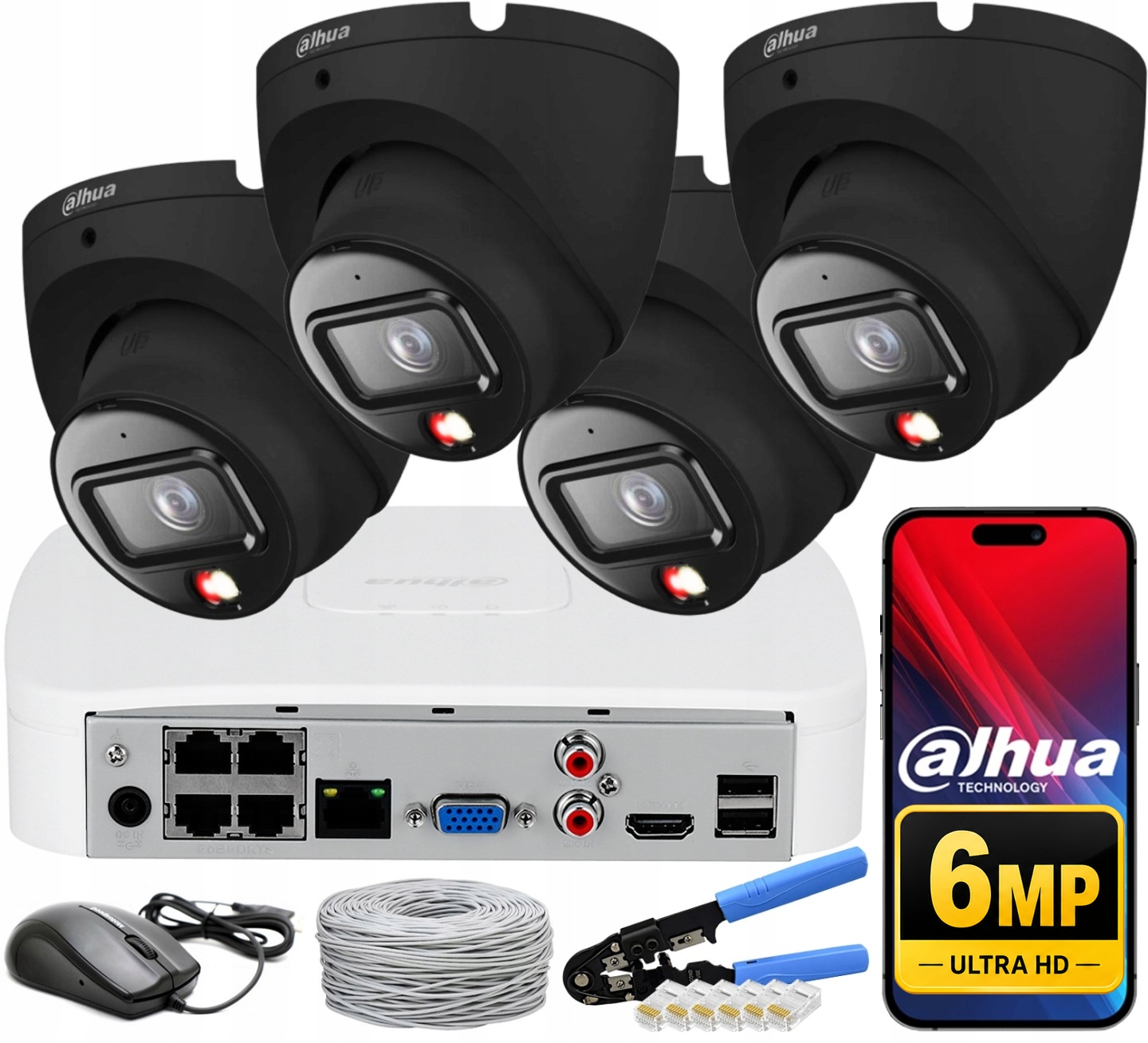 Sada Pro Monitorování Dahua 6Mpx Ip Poe 4 Kamery IPC-HDW1639T-A-IL Black
