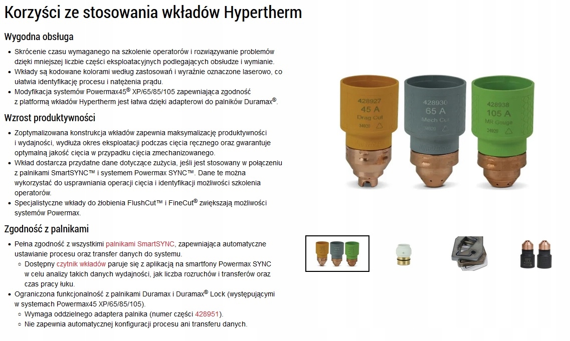 HYPERTHERM PRZECINARKA PLAZMOWA SmartSync WKŁAD POWERMAX SYNC 65A 85A 105A EAN (GTIN) 662310496111