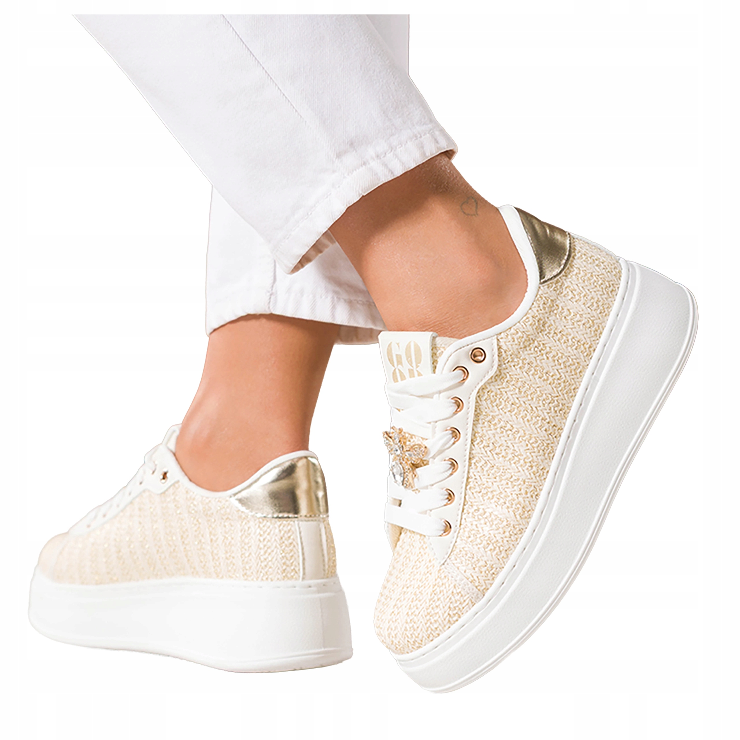 Béžové dámské šněrovací tenisky s úpletem na platformě Sportovní velikost 36