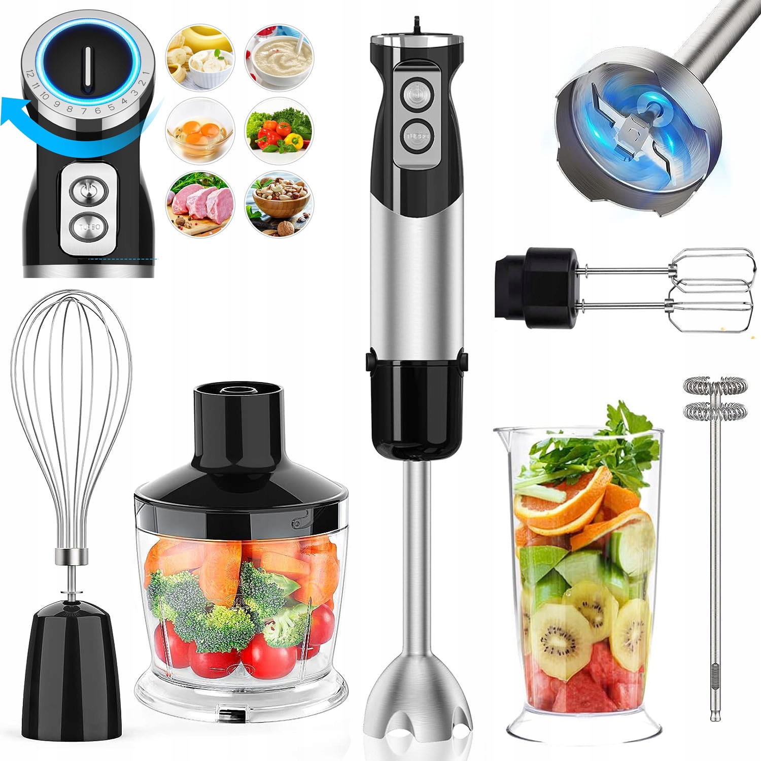 Tyčový Mixér Multifunkční Turbo Režim 800W S Nerezovým Ostřím 6V1