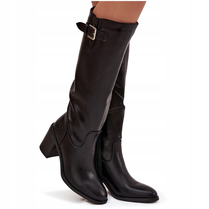 Dámské Kozačky Eko Kožené Podpatek Sloupek Spona Zateplené Zip Černé 38