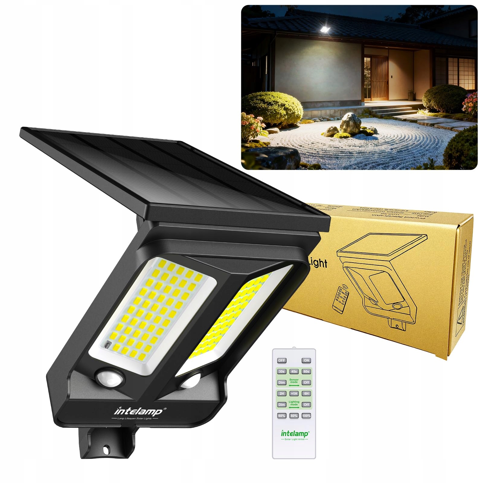 Lampa Solarna Z Czujnikiem Ruchu Do Garażu Ogrodu Timer IP65 INTELAMP — miniatura 7