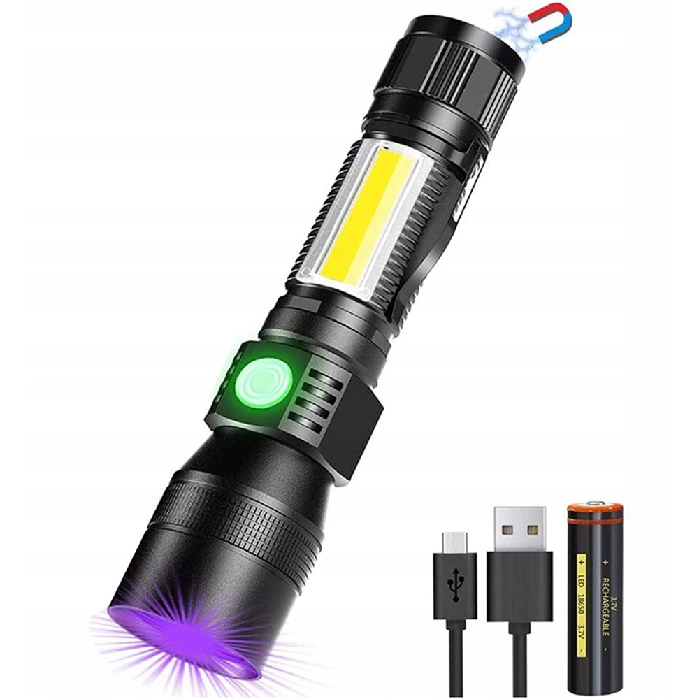 MOCNA LATARKA UV LED AKUMULATOROWA TAKTYCZNA ZOOM USB ŚWIATŁO ROBOCZE COB Model Latarka LED