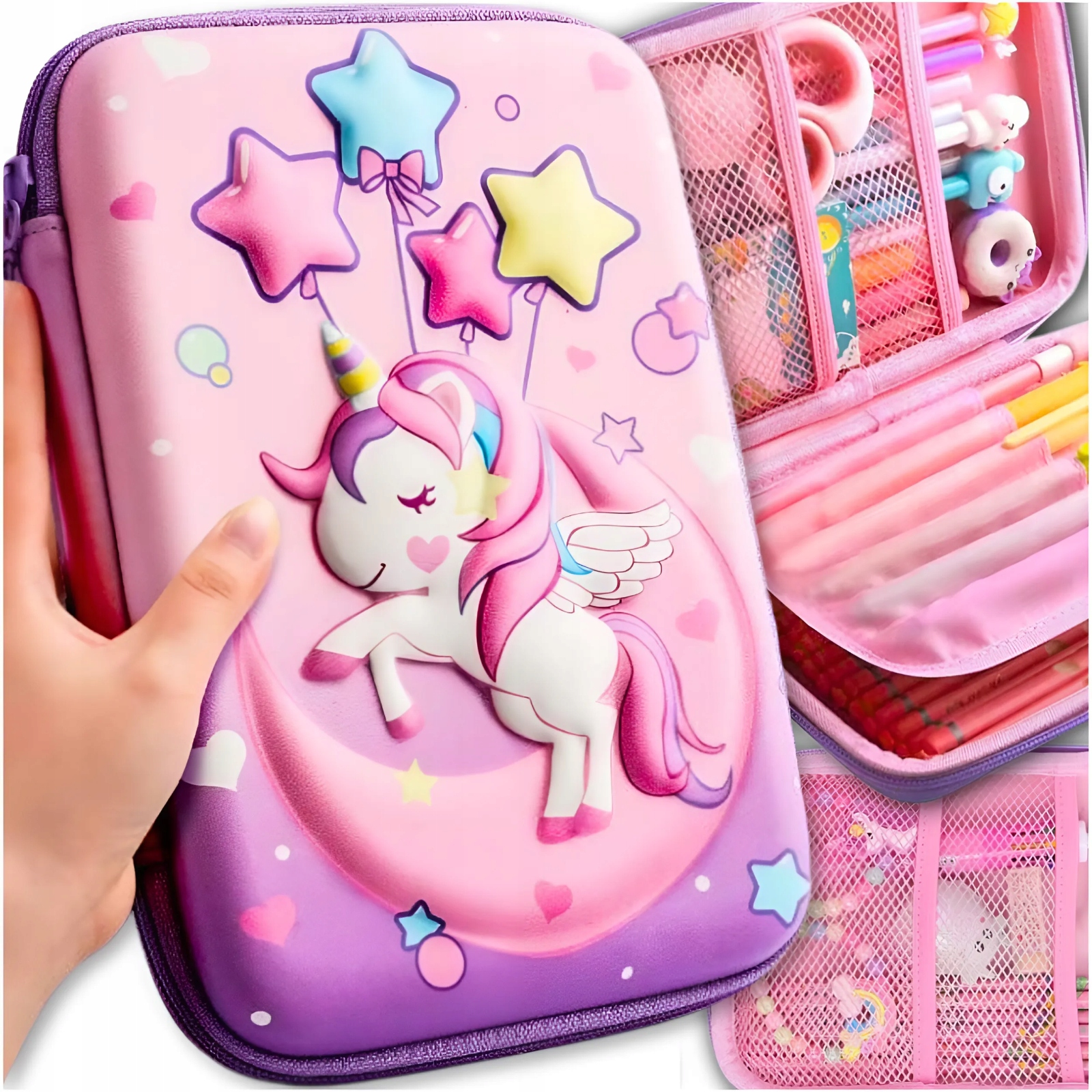 PIÓRNIK SZKOLNY DO SZKOŁY RÓŻOWY JEDNOROŻEC 3D ORGANIZER NA KREDKI MAZAKI Stan opakowania oryginalne