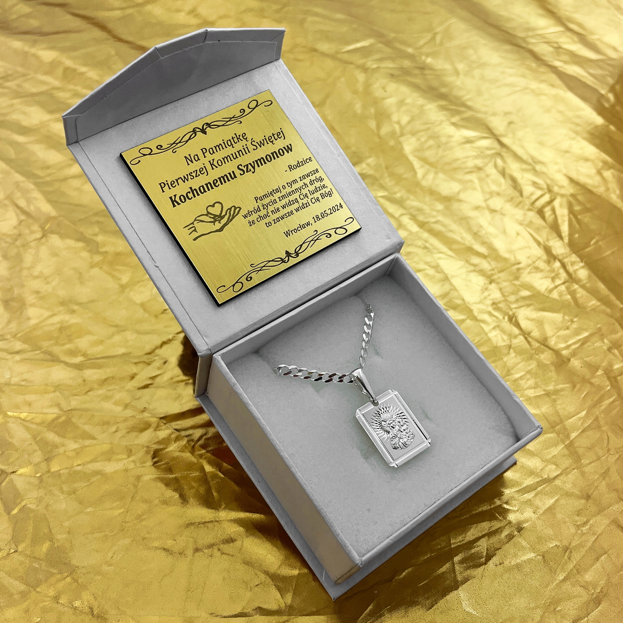 PIĘKNY SREBRNY NASZYJNIK PANCERKA + MEDALIK MATKA BOSKA 925 +GRAWER CHRZEST Marka Golden Celebrity