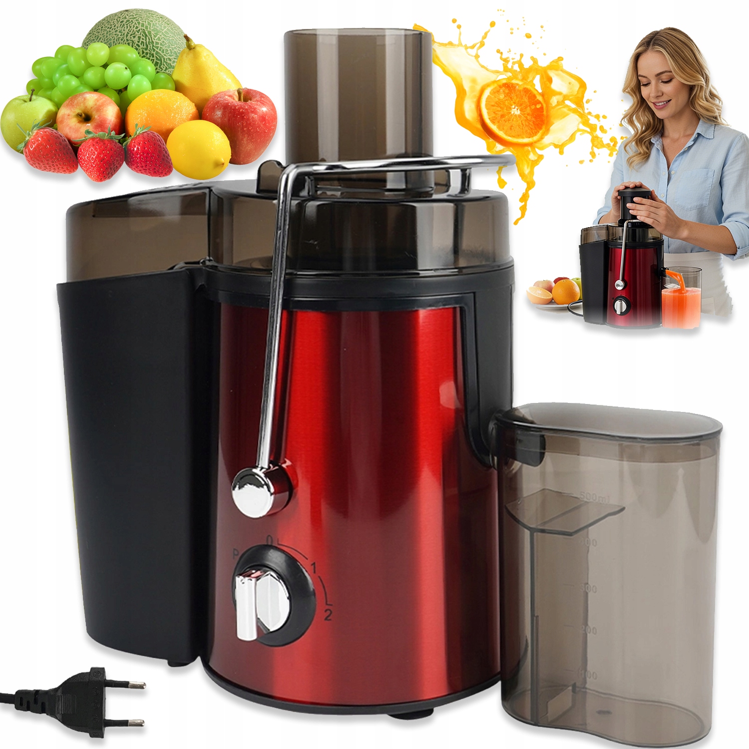 Silný Odšťavňovač 1000 W, Červená Barva, Objem S Přídavným Kelímkem 500 ML