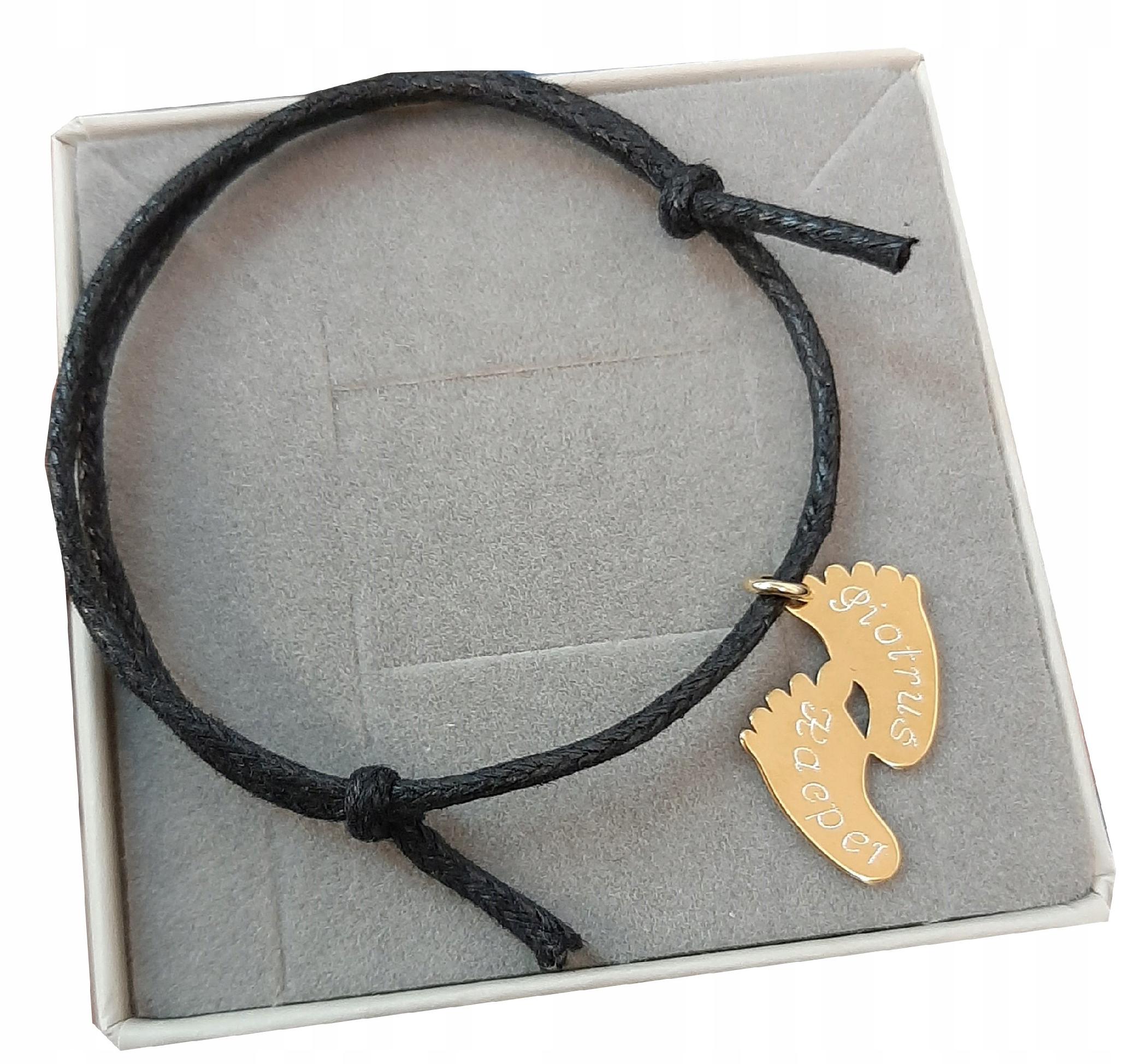 

Czarna Bransoletka sznurkowa stópki Grawer srebro