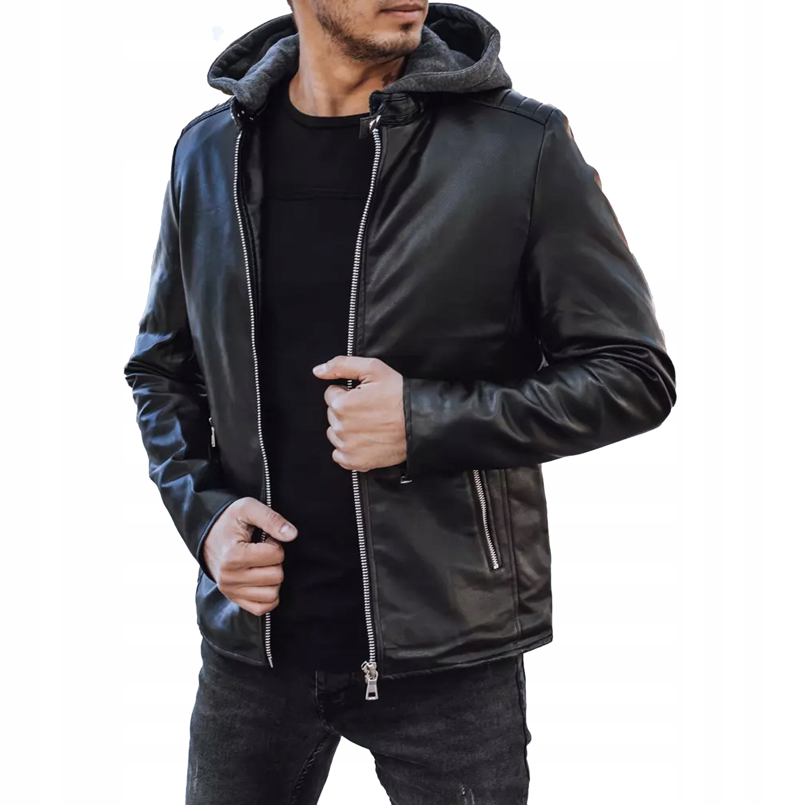 Męska Kurtka Skórzana Przejściowa Z Kapturem Czarna TX4277 M