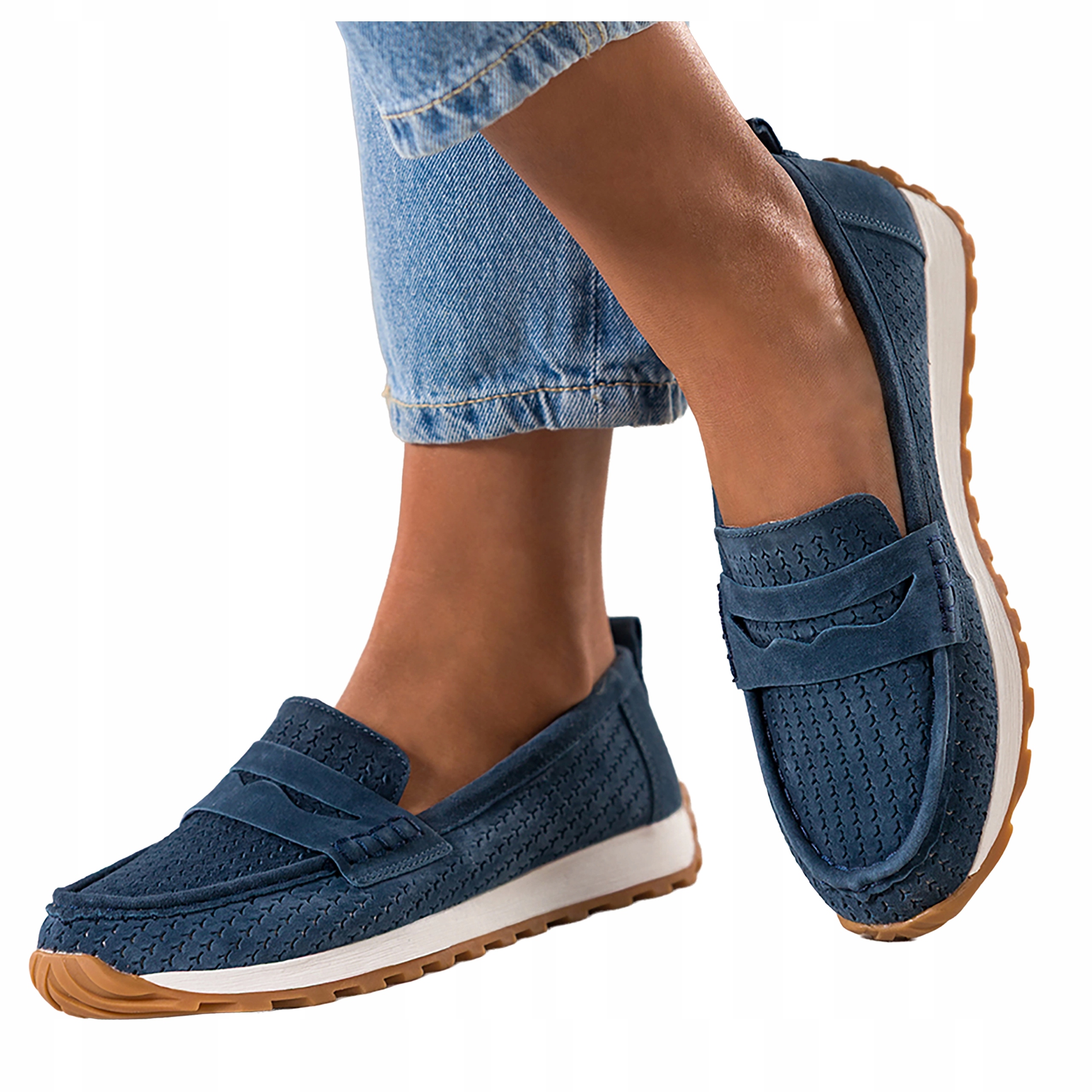 Mokasíny Tmavě modré Dámské Kožené Na Platformě Pohodlné Ažurové vel. 37