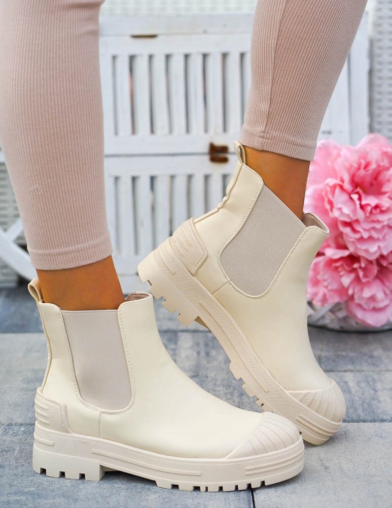 Krótkie Beżowe Botki Z Gumami Na Platformie Sonic0 Marka bez marki