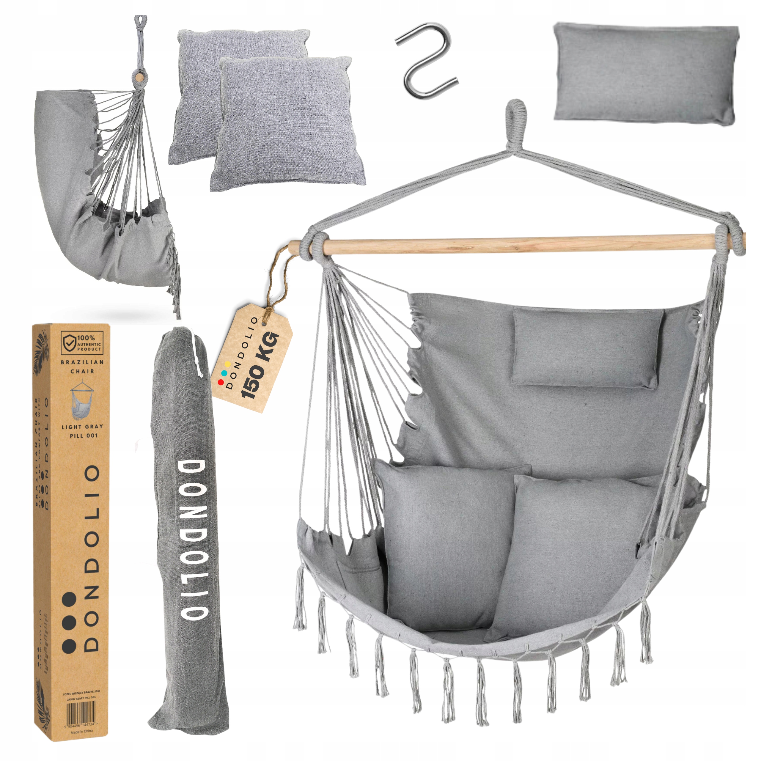 Fotel Wiszący Szary 3 Poduszka Ogrodowy 150 kg huśtawka XL Dondolio