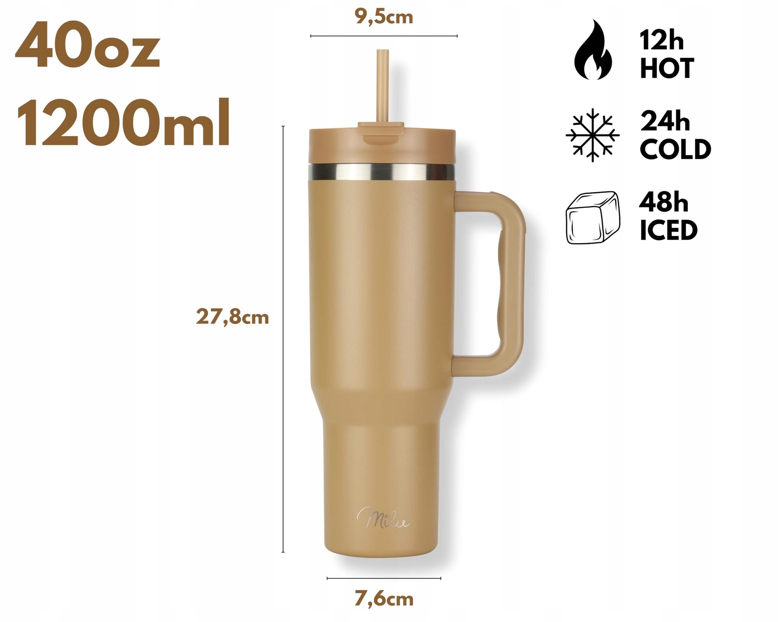 MILU Kubek Termiczny 1200ml Ze Słomką I Uchem Stal Nierdzewna 40oz — miniatura 2