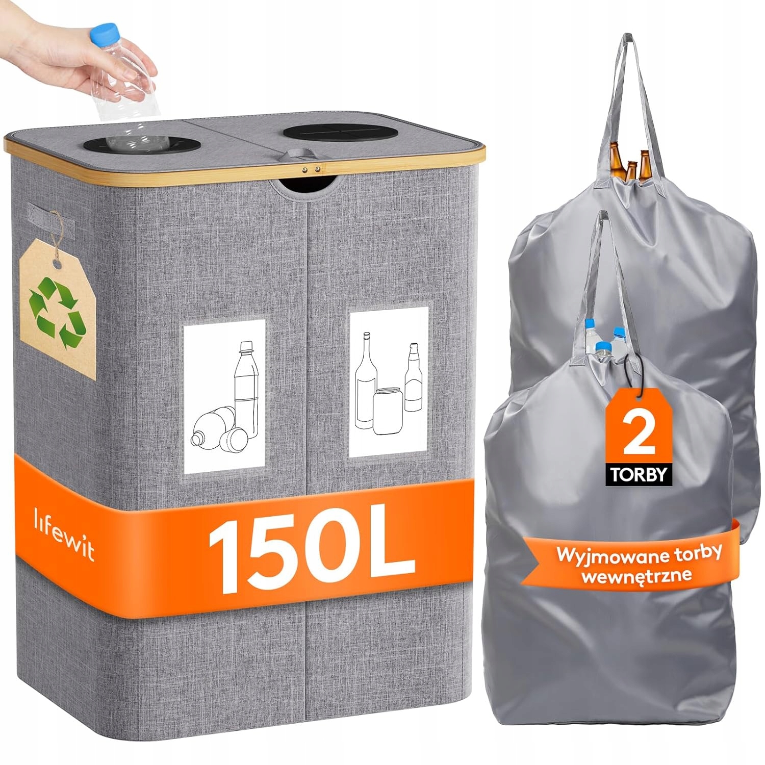 Lifewit recyklační koš 150L 2 komory, víko, šedý