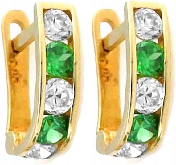 Zlaté náušnice 585 pro děti, zelené čárky s dívčími zirkony