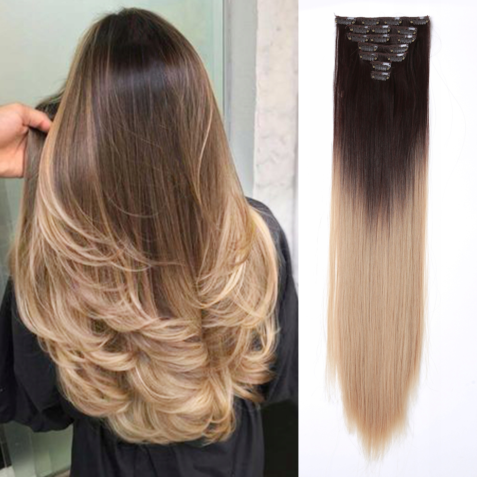 Vlasy clip in 7 pásů medová blond ombré vlasové příčesky rovné 50 cm