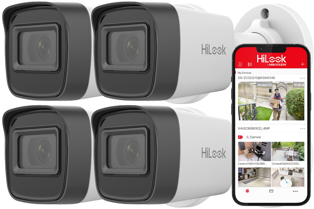 Sada 4 Ip kamier 4MPx tubusová HiLook Hikvision PoE IPC-B141H-C IR20 Apka