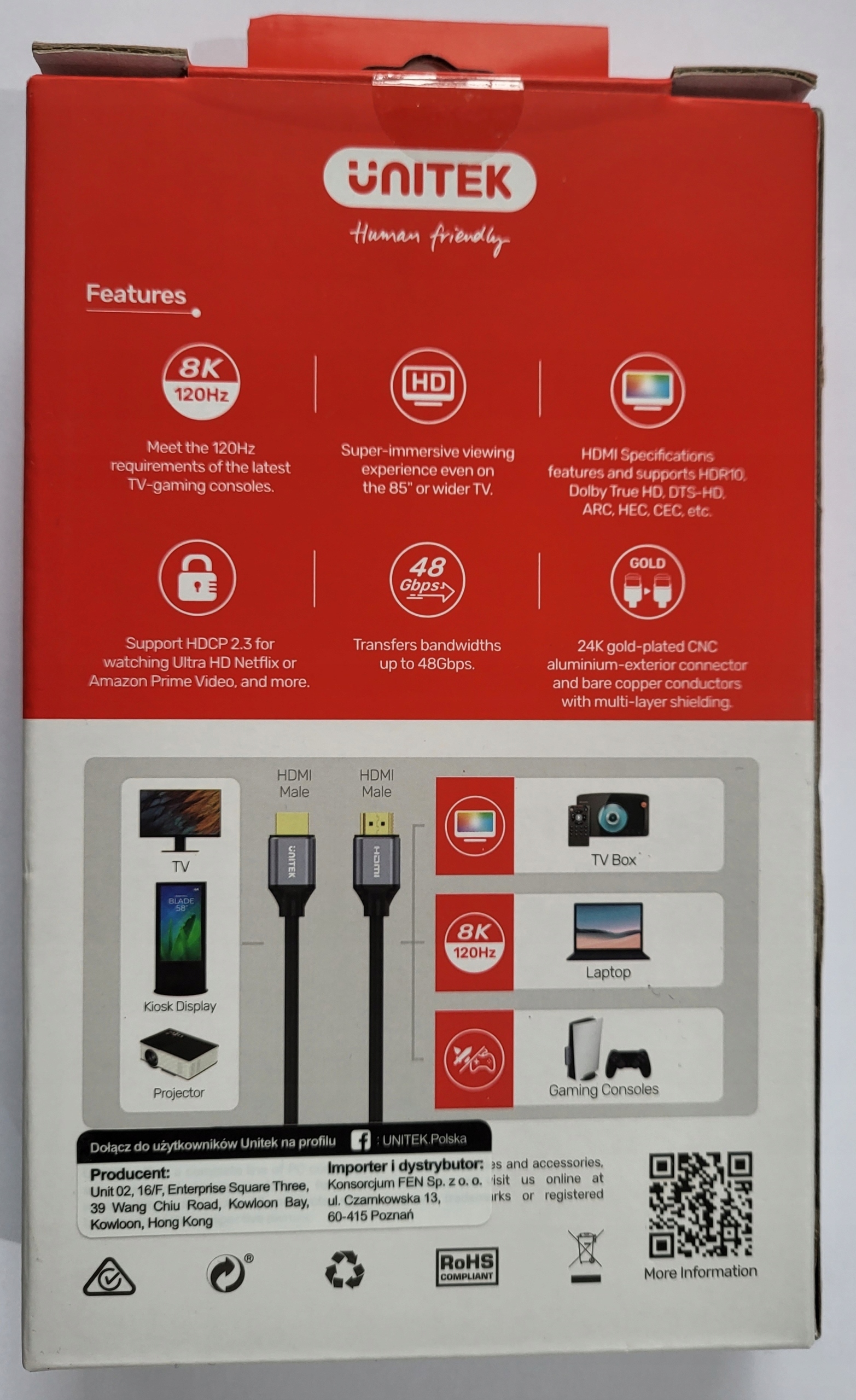 UNITEK KABEL HDMI v 2.1 1,5m 8K 60Hz oraz 4K 120Hz Ultra High Speed Stan opakowania oryginalne