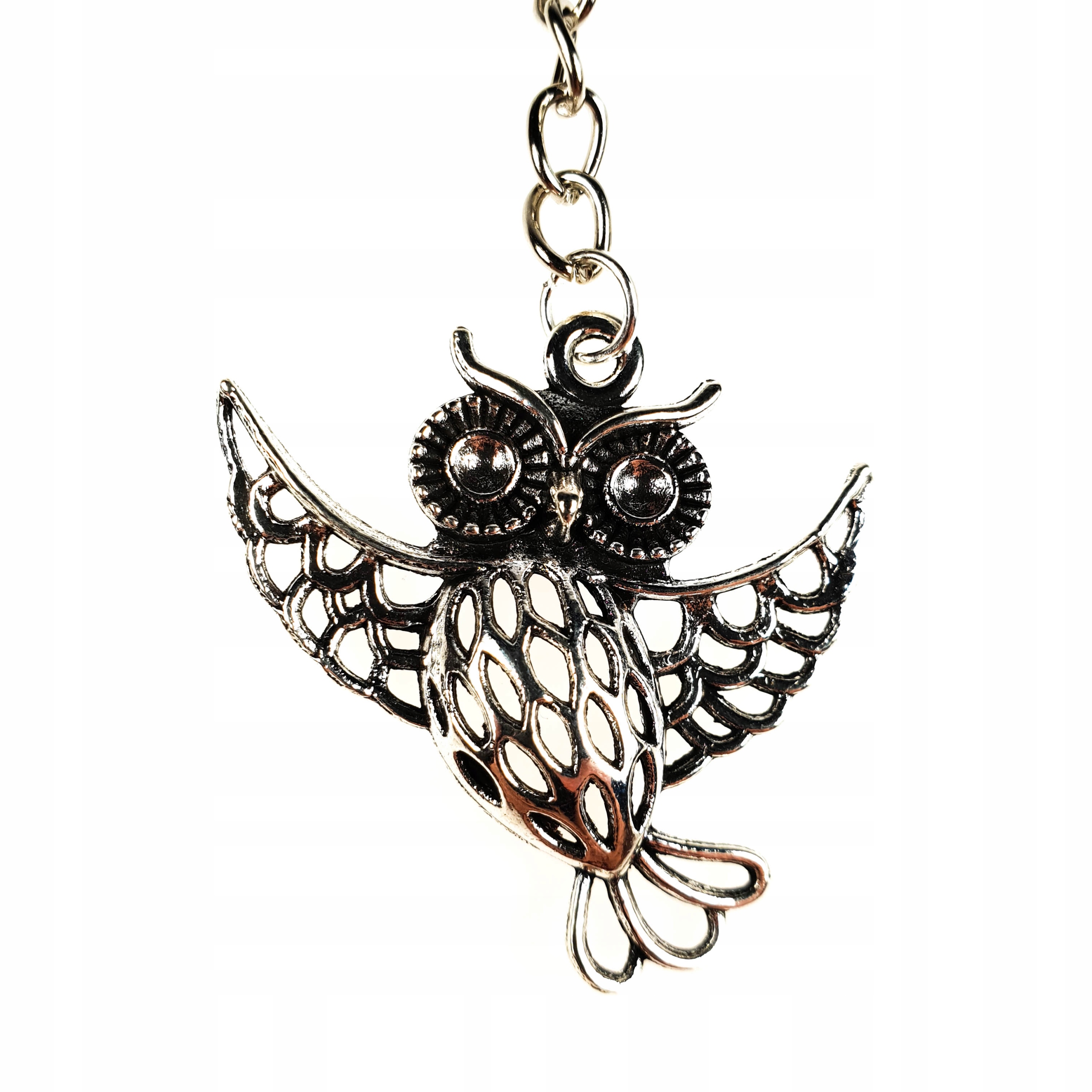 

Piękny Brelok Metalowy Ażurowa Sowa Posrebrzany