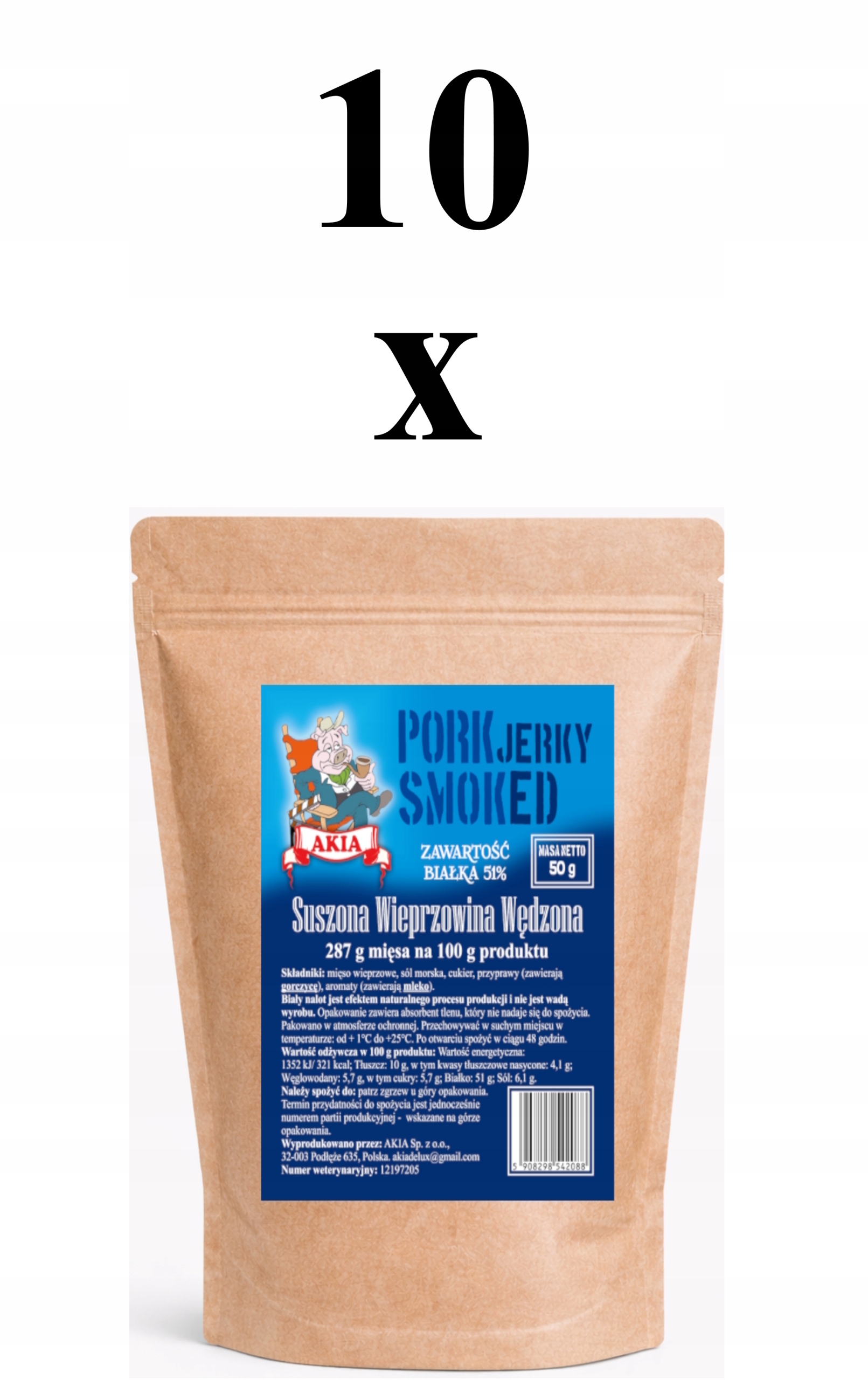 Levně Akia Jerky, Sušené vepřové uzené maso, Box 10 x 50 G