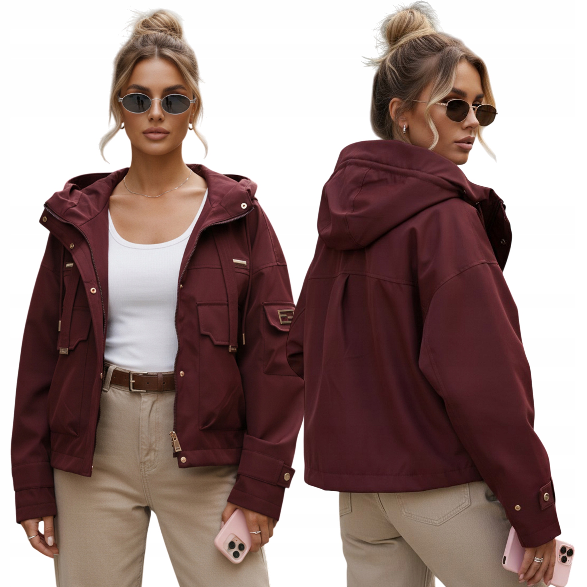 Kurtka przejściowa damska z kapturem i kieszeniami bordowa TY5635 S