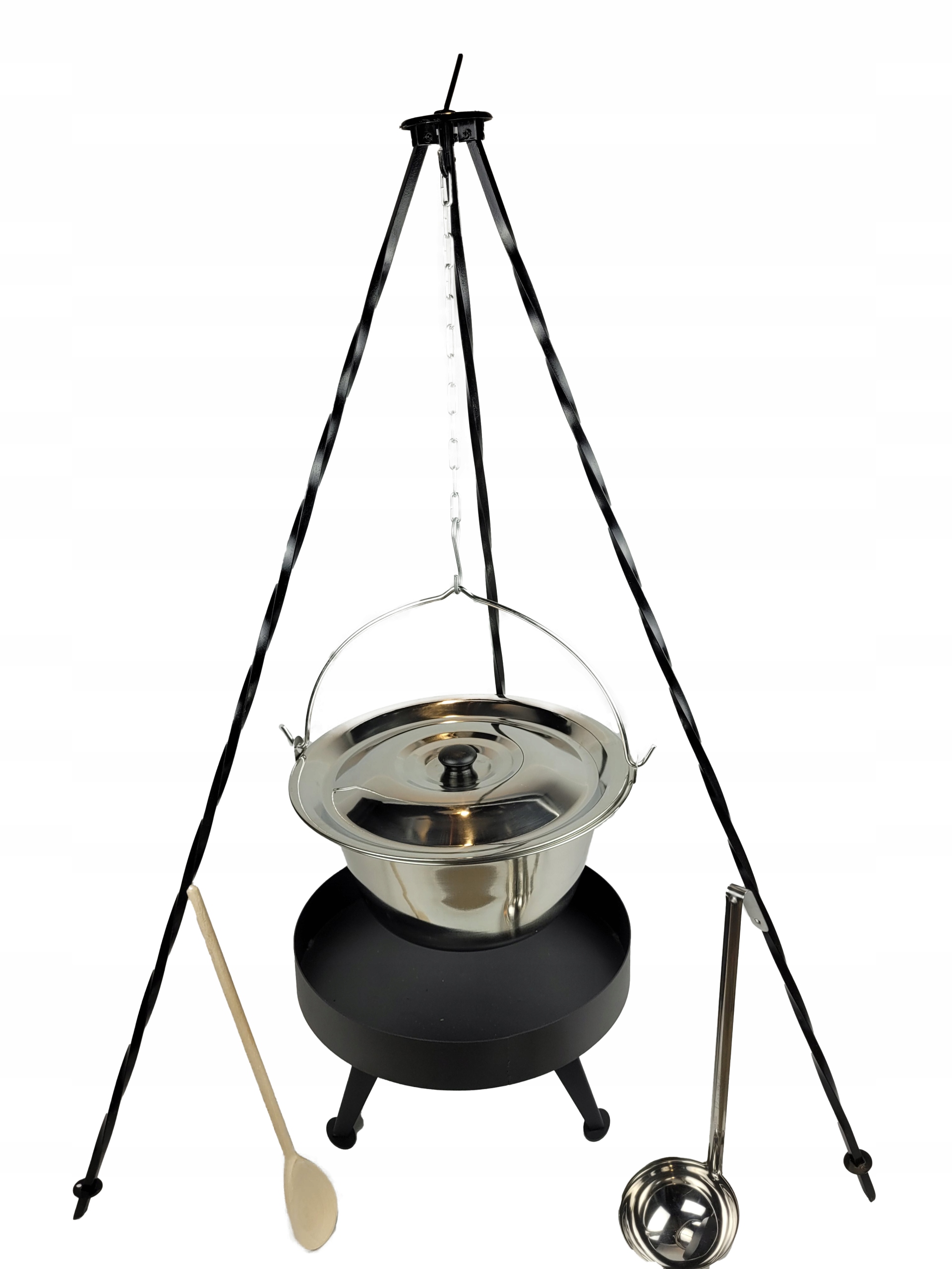 Nerezový kotlík 10 l naberačka Palenisko 40 cm, trojnožka 120 cm