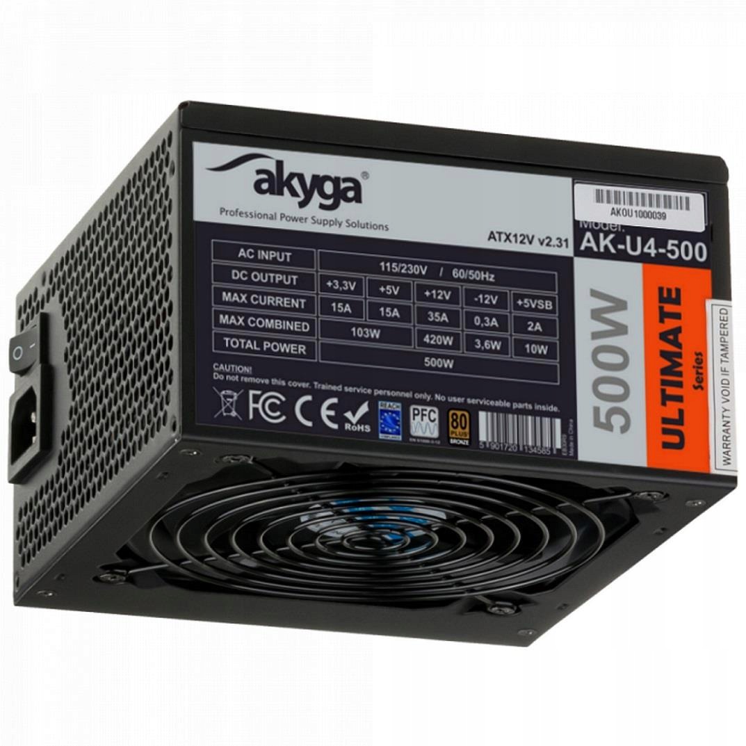 Akyga Napájecí Zdroj Atx 500W Pro Počítač Pc 80 Plus Bronzový Ventilátor 120 MM