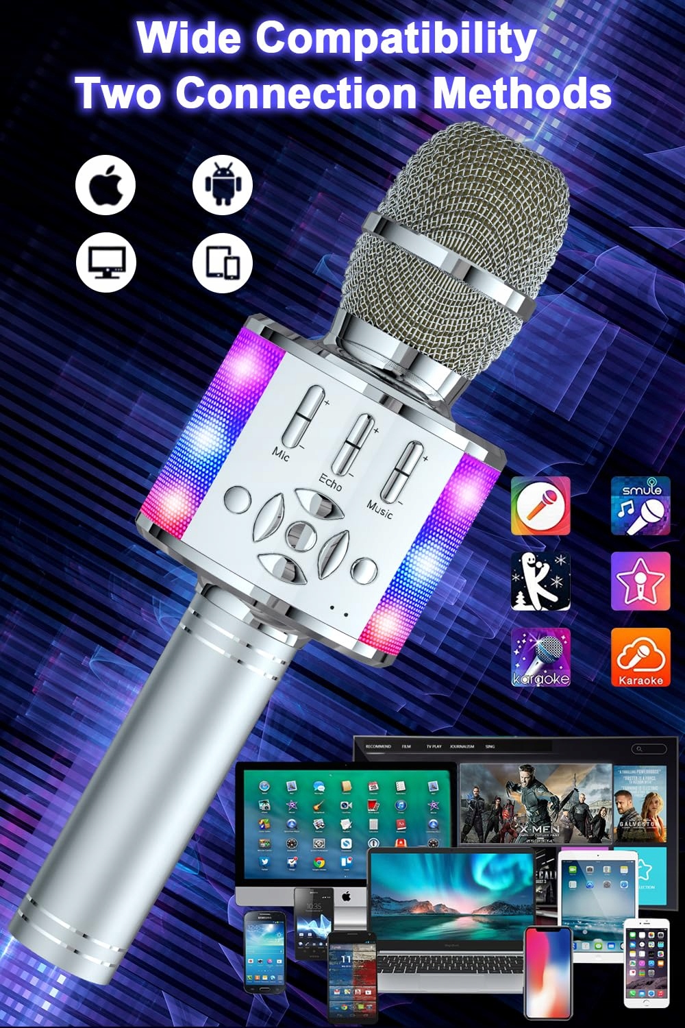 BONAOK Mikrofon Karaoke Bluetooth LED Dla Dzieci Kompatybilny z iOS Android — miniatura 3