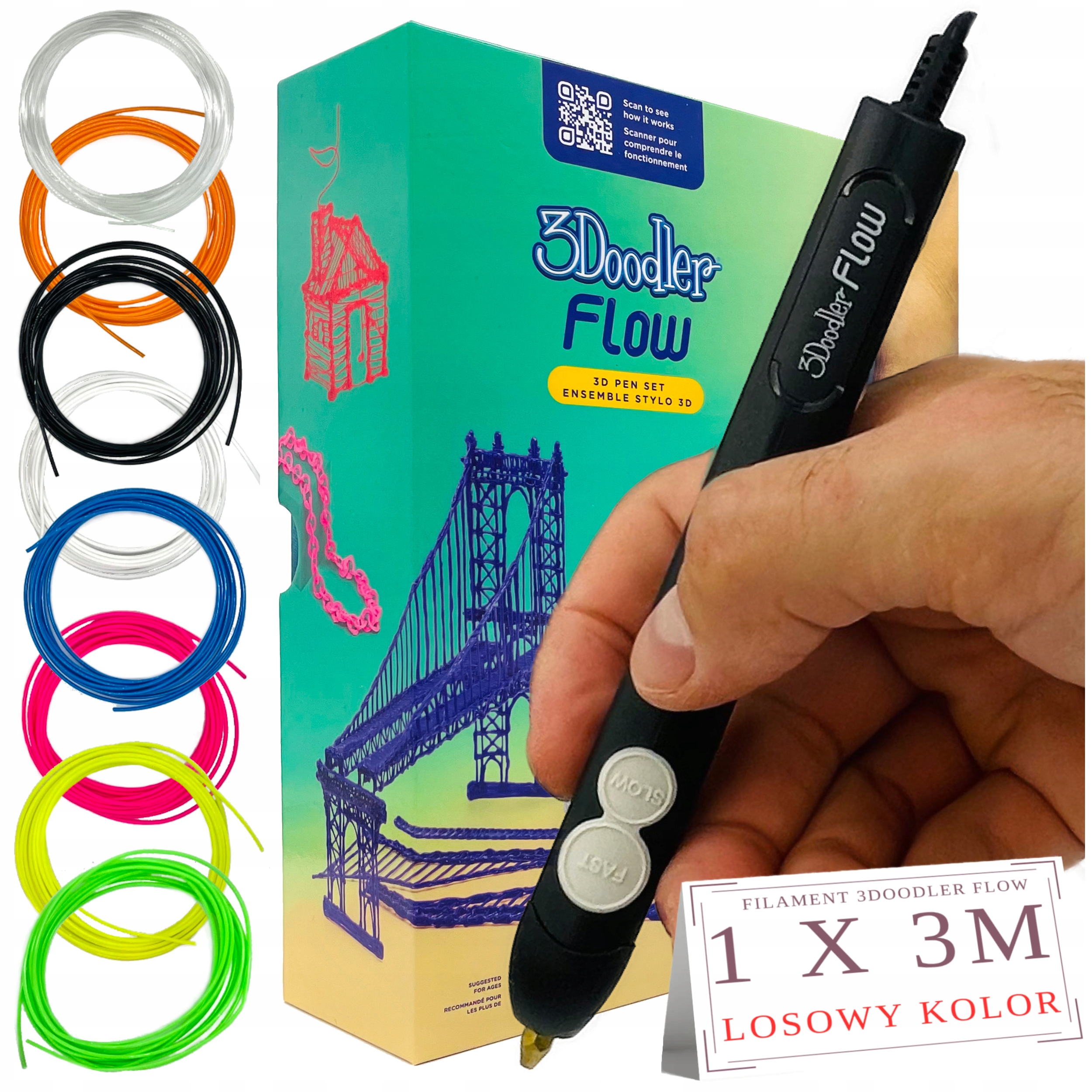 Długopis 3D 3Doodler Flow Pen 3m losowy Filament Wkład do długopisu Pla