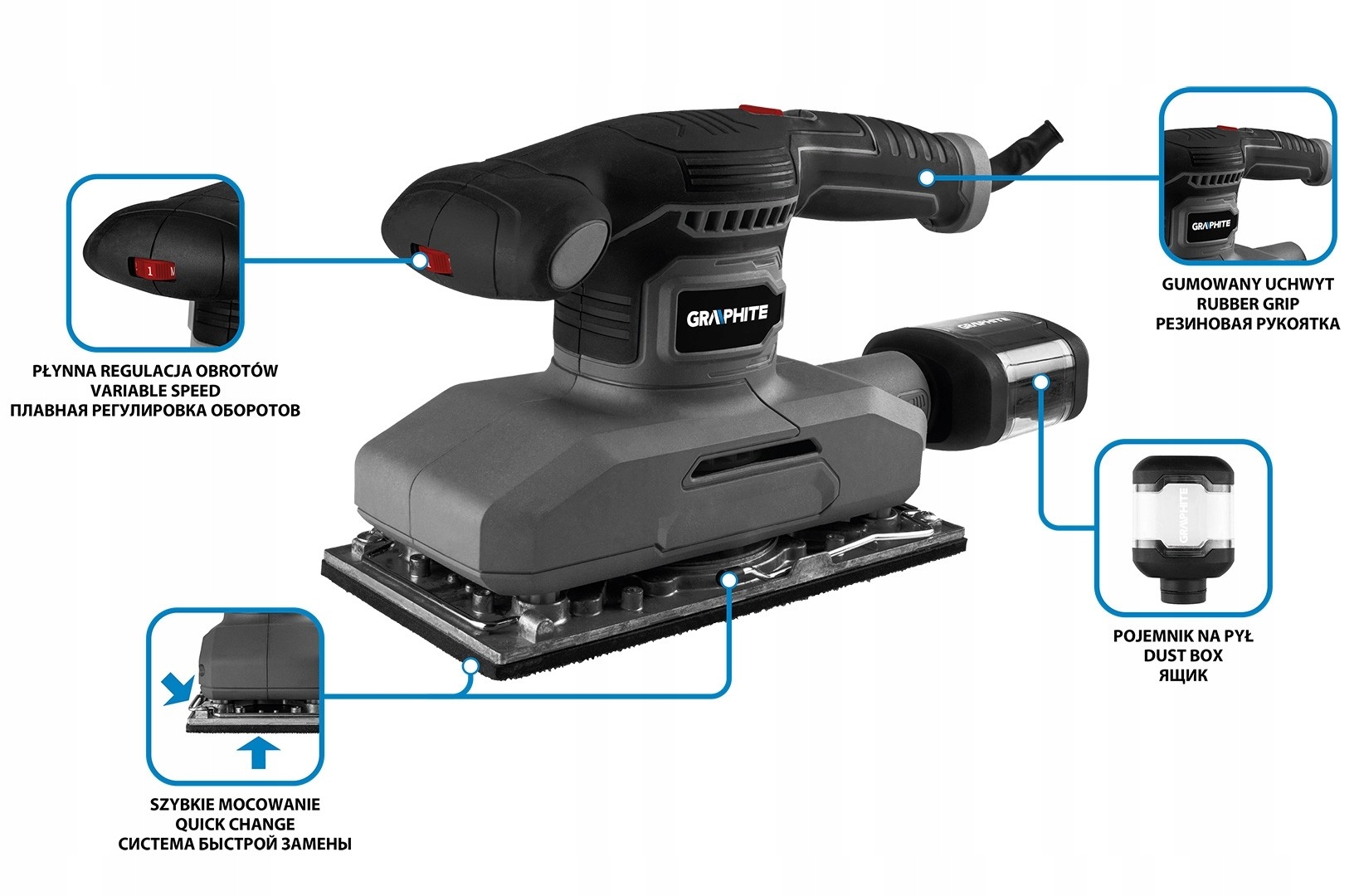 Szlifierka oscylacyjna 380W, stopa 115 x 230 mm Marka Graphite