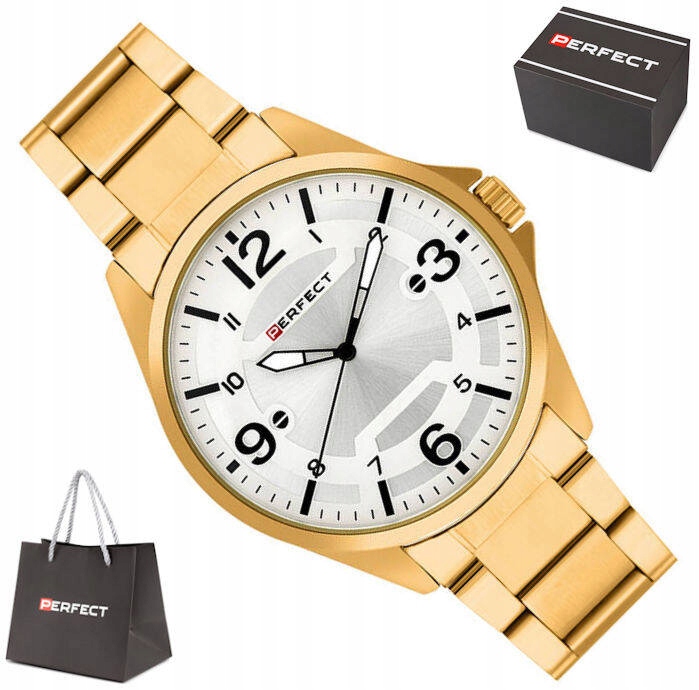 Pánské Klasické Čitelné Zlaté Hodinky Perfect Na Náramku M120-03 44 mm