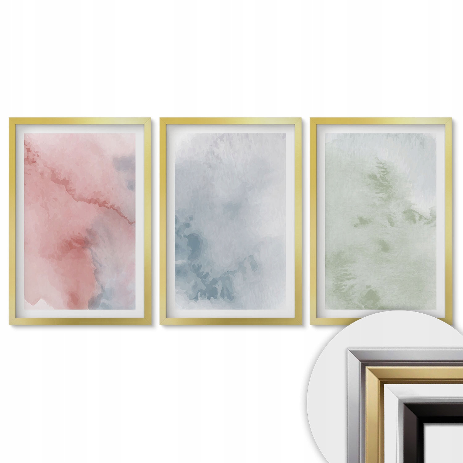 Sada 3 obrazů Triptych Zlatý Rámeček 40x60 Pastelové akvarelové struktury